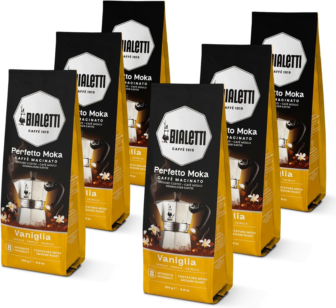 Bialetti - Perfetto Moka Vaniglia: Gemahlener Kaffee mit mittlerer Röstung, Vanille-Aroma, 250g x 6, Beutel mit Aromaventil