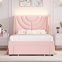 Vista 11 de HITHOS - Base de cama LED tapizada con 2 cajones de almacenamiento, cama de plataforma de terciopelo con cabecera con alas laterales, listones