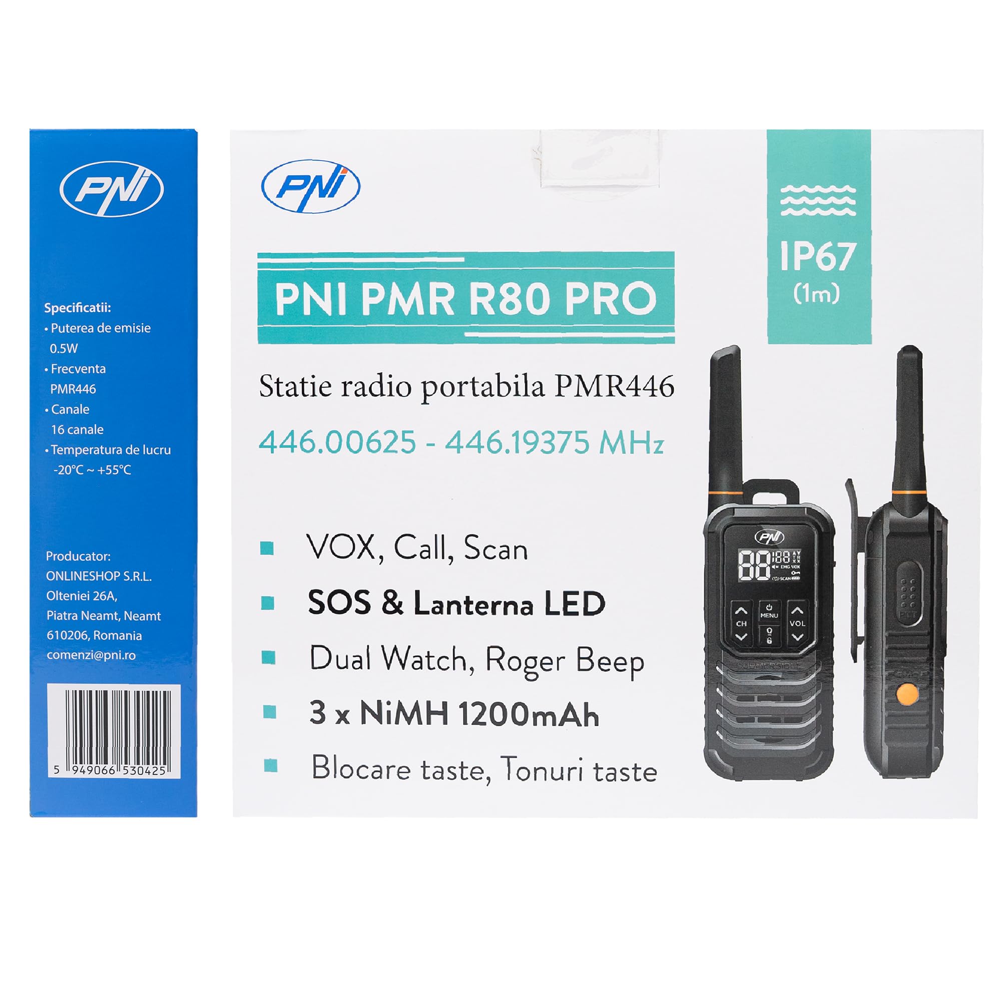 Stazione radio portatile PNI PMR R80 PRO, set di 2 pezzi, 0,5 W, impermeabile IP67, con torcia a LED, pulsante SOS, VOX, USB-C