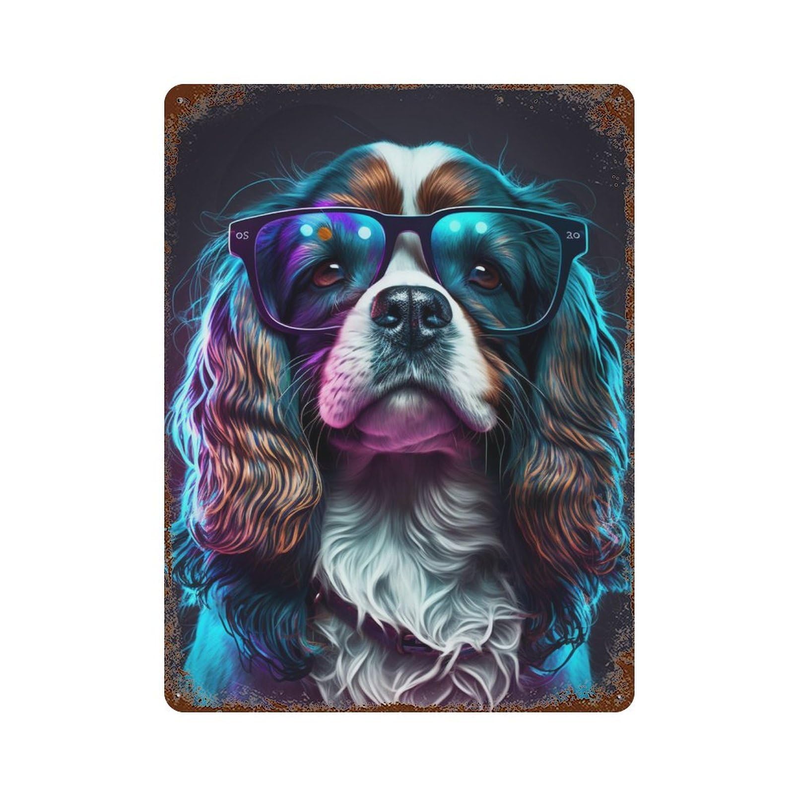 Retro Metal Sign with Neon Cavalier King Charles Spaniel Glasses Design 15.7"x11.8", for Pub, Kitchen And Man Cave Decor, Rustic Home Decor