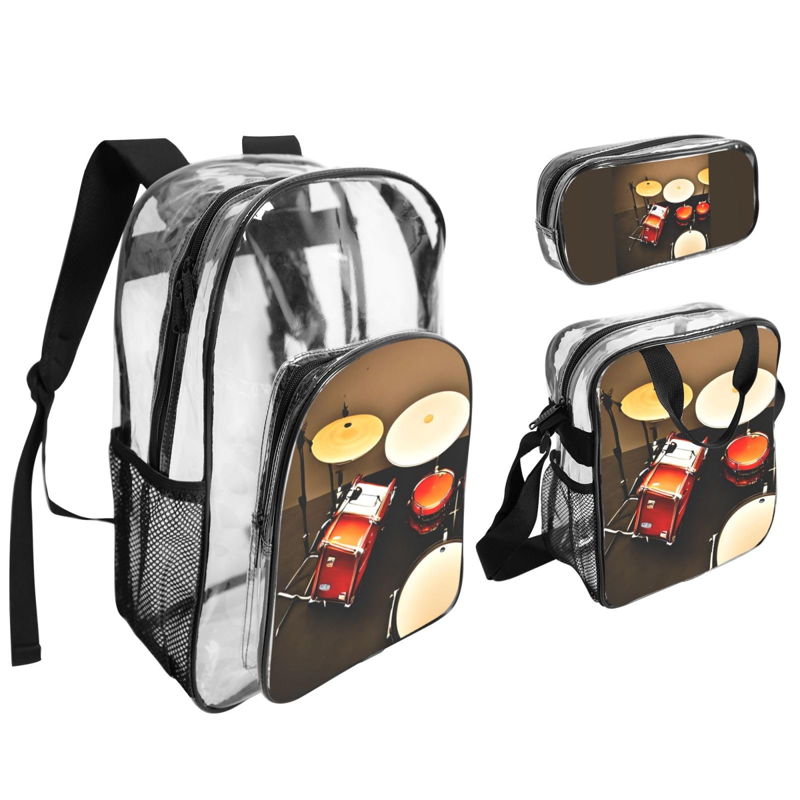 Schlagzeug-Set, Standarddruck, für Damen, Herren, Kinder, transparent, Rucksack, Schule, Reisen, 3-teiliges Lunchpaket
