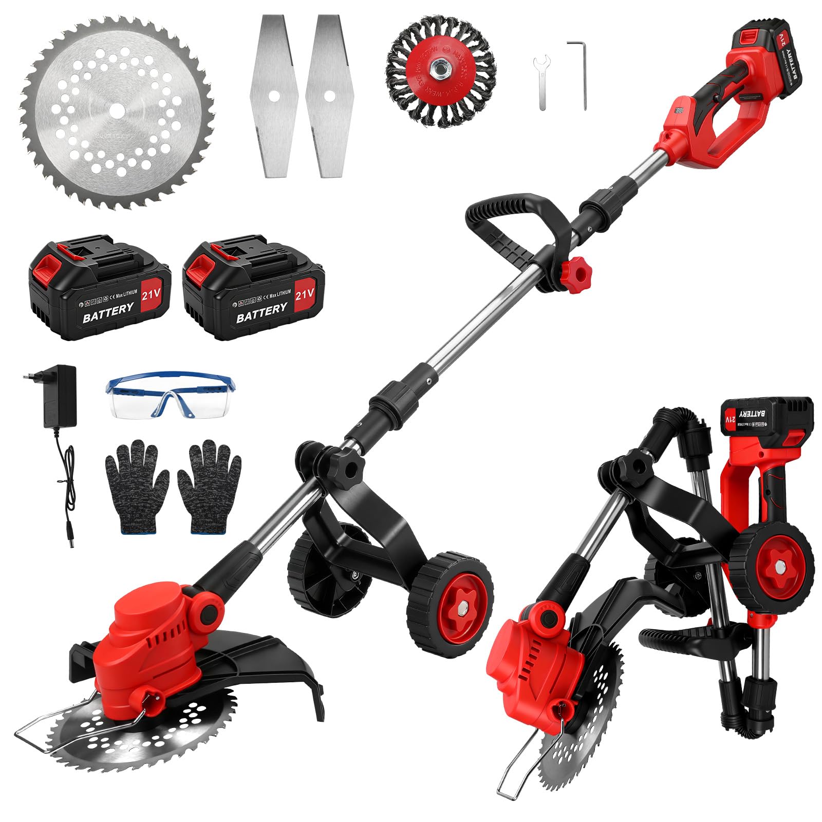 Decespugliatore a Batteria 21V con Ruota, Tagliaerba Elettrico con 2 Batterie 4,0Ah, 21000 giri/min, 4 Tipi di Lame Tagliaerba Elettrico, Decespugliatore Per Taglio Di Giardini, Prati