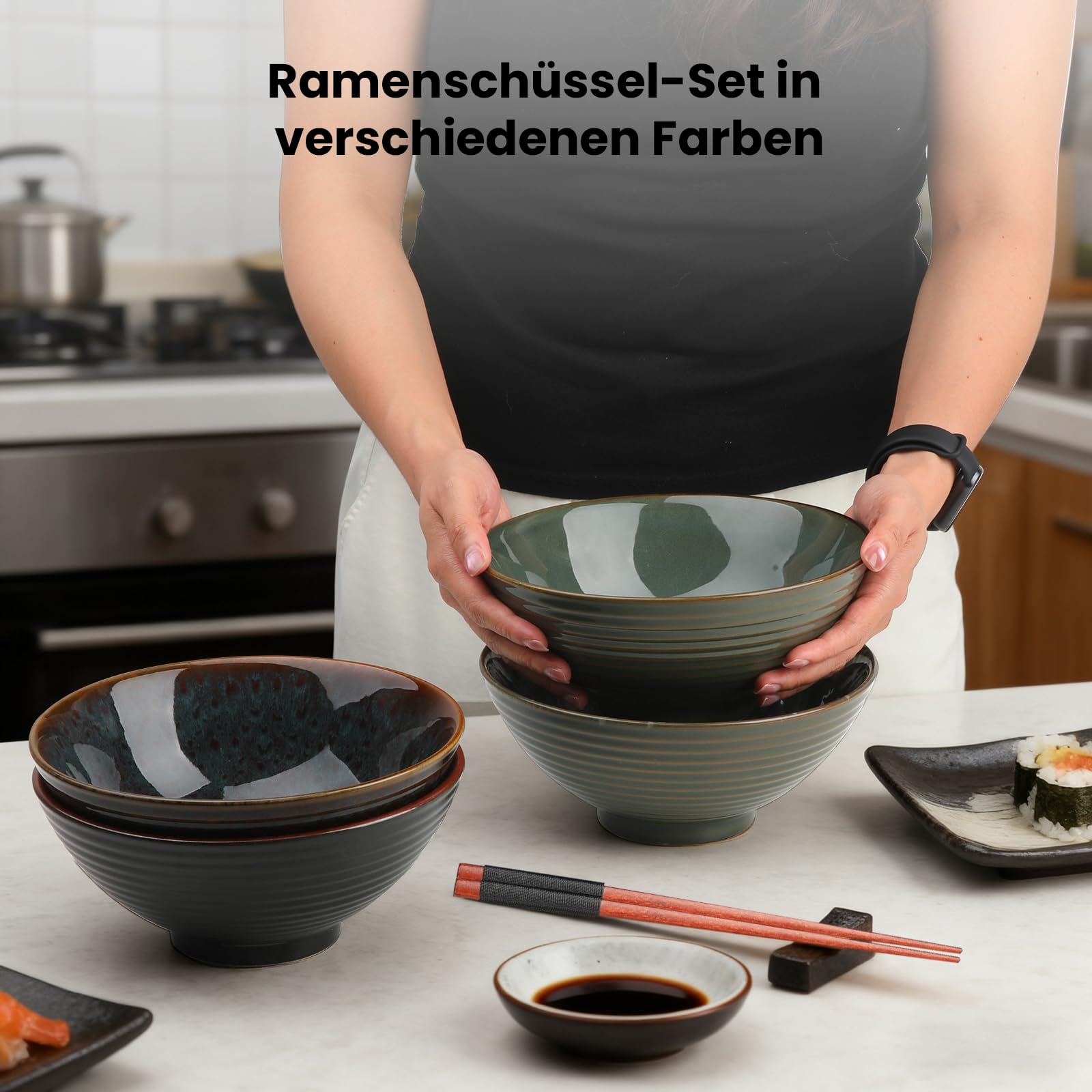 GEEKHOM Ramen Juego de 2 cuencos japoneses de cerámica con palillos y cuchara de madera de 1200 ml, grande, microondas y lavavajillas para pasta, sopa, pho, ensalada