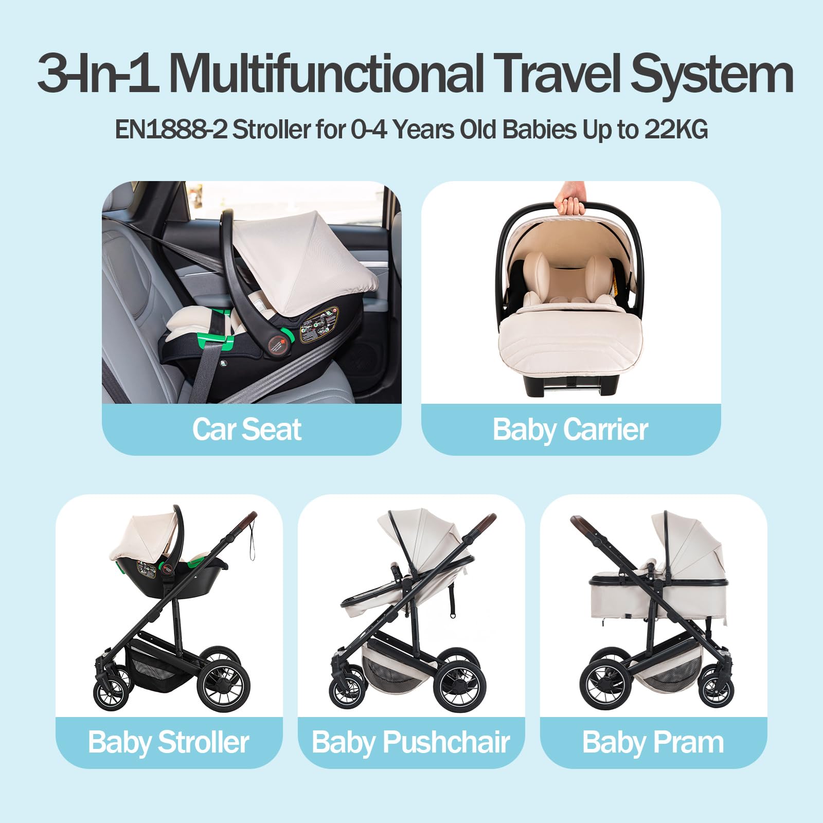 3 in 1 Passeggino Combinato, Passeggino per Bambini con ECE R129 Seggiolino Auto, Telaio in Alluminio ad alto Campo visivo Baby Stroller (22KG, 0-4 Anni)