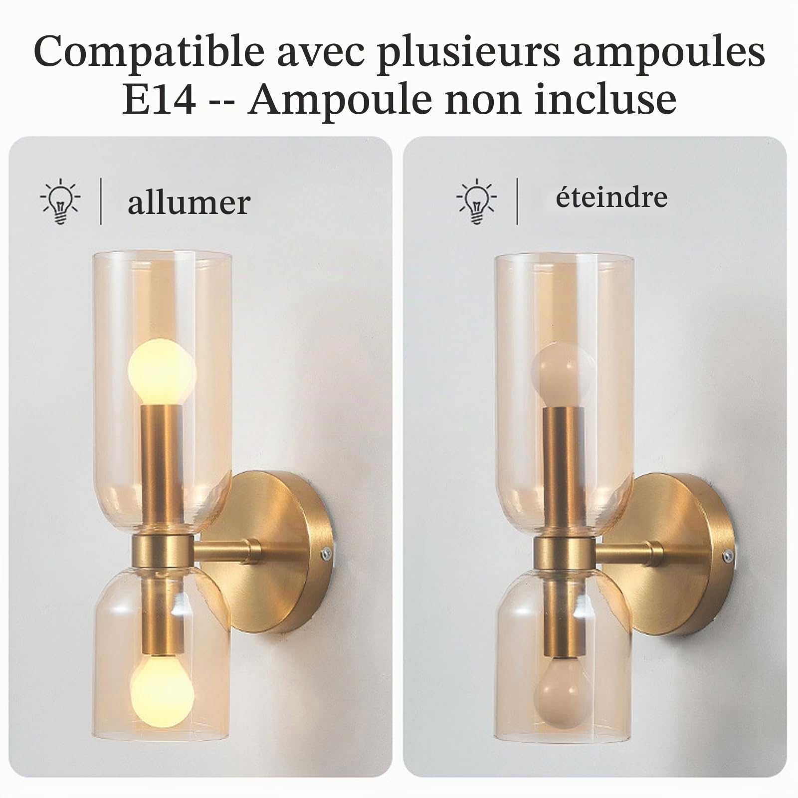 Applique Murale Moderne à 2 Lumières en Or – Lampe Murale avec Abat-jour en Verre, E14 lampe D'applique Intérieure pour Chambre, Salle de Bain, Salon (Ambre)