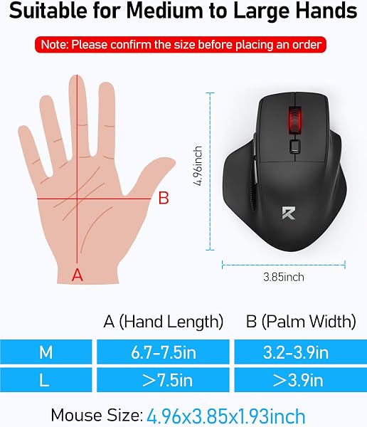 Redragon Big Wireless Mouse for Medium to Large Hands, 2.4GHz Ergonomic Computer Mouse, 6 Buttons, 4000 DPI, Full Sized USB Optical Mouse for Laptop, PC, Chromebook - 2