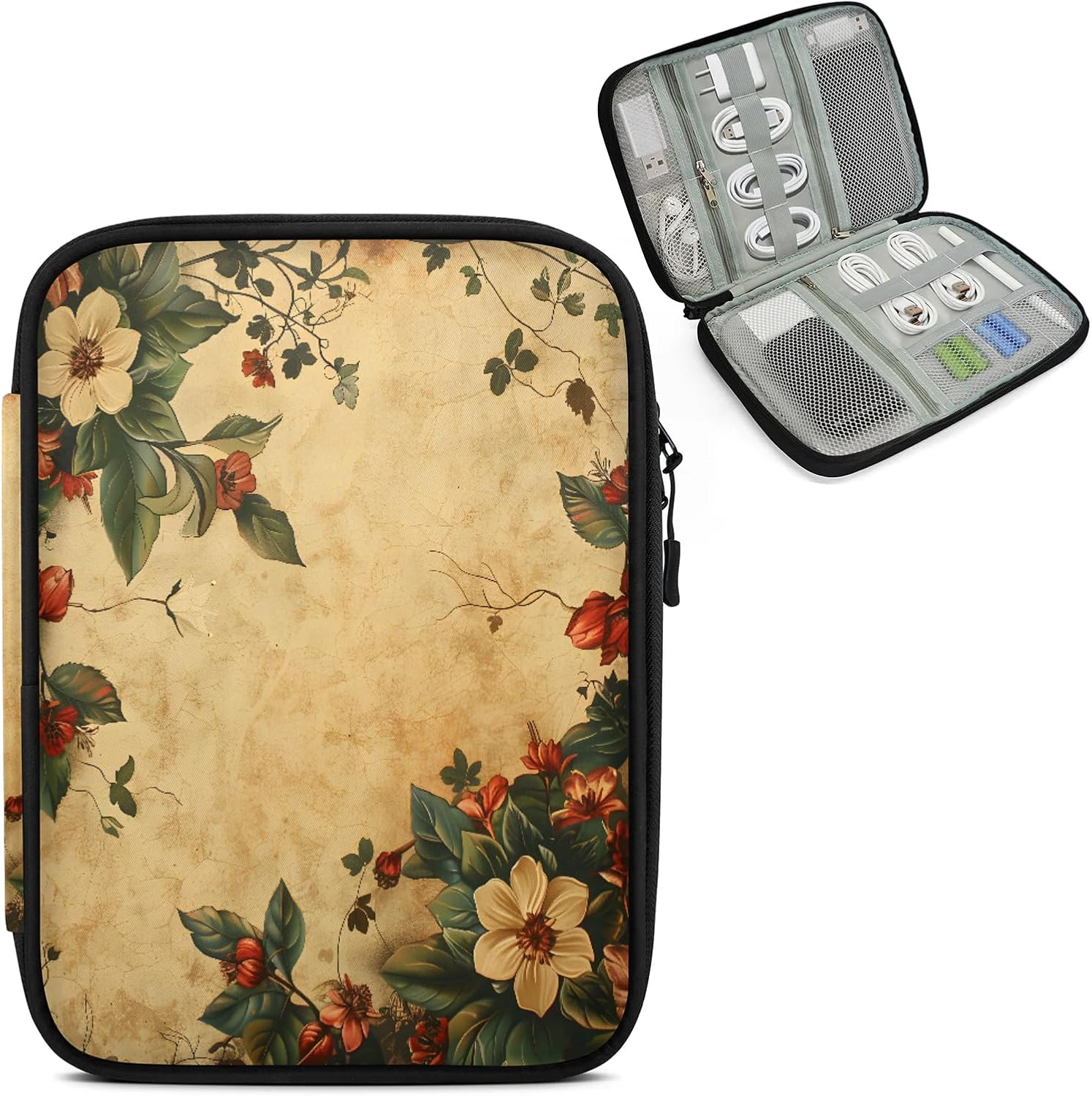 Retro Floral Travel Cord Organizer Case for Women Men Flower Vintage Modern Tech Electronic Accessories Bag for Cord, Charger, Phone, USB, SD Card