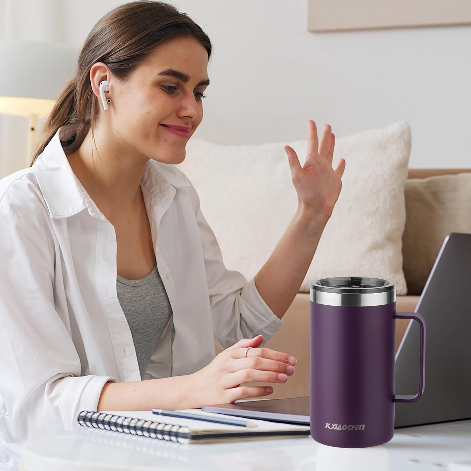 KXIAOCHEN 20oz Insulated Coffee Mug with Lid, Stainless Steel Coffee Cup, Double Wall Vacuum Coffee Tumbler with Handle, Premium Thermal Travel Coffee Mug (Purple) - Image 3