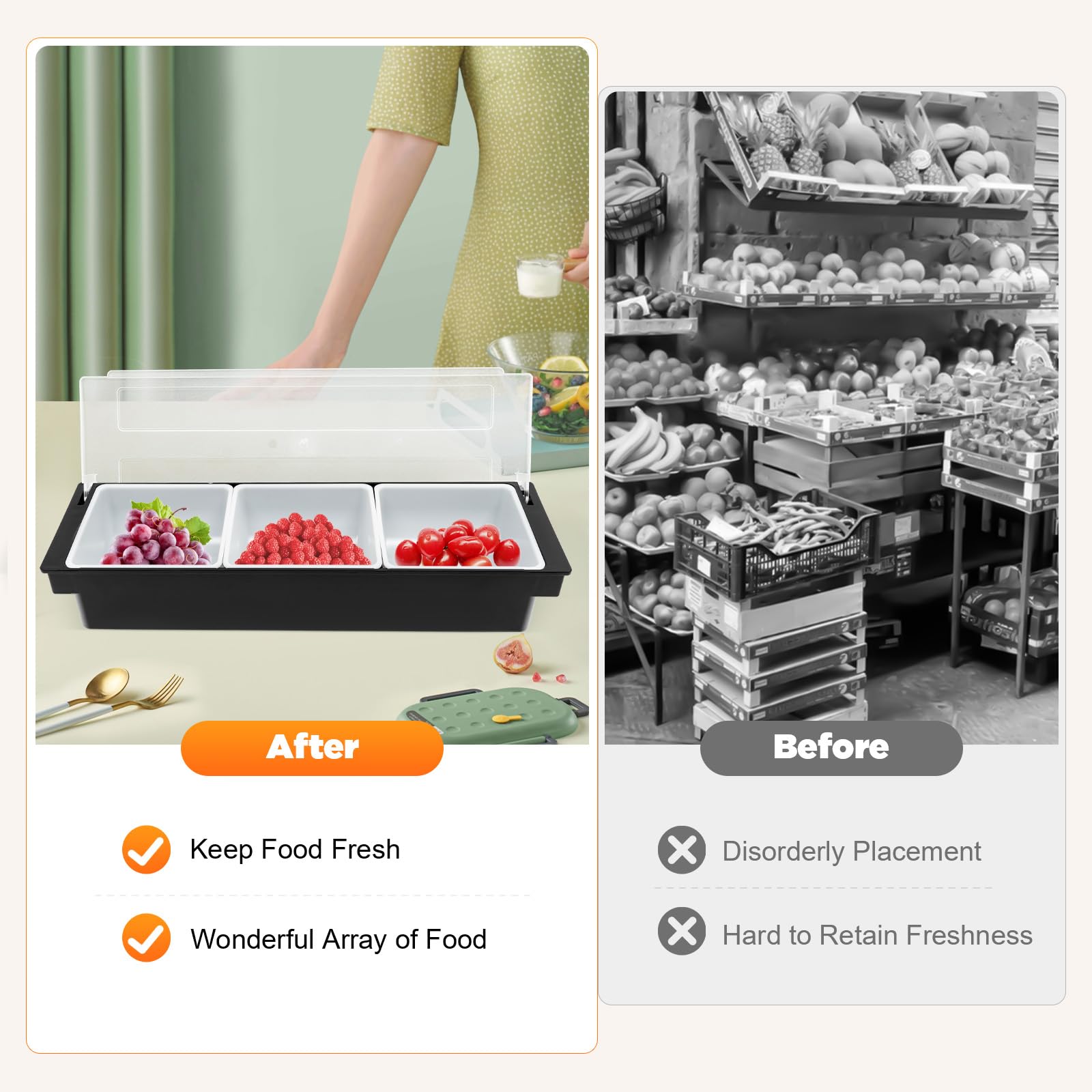 Plateau Distributeur de Condiments Serveur de Condiments avec Couvercle à Charnière Boîte à Fruits Trois Plateaux