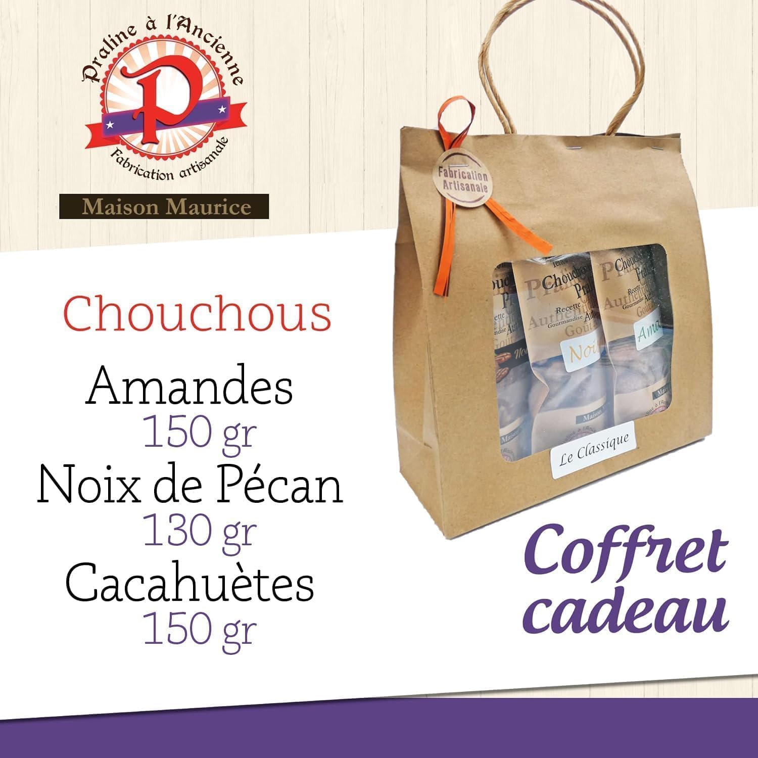 Pralinés a la Antigua - Caja de Regalo de Pralinés «Clásicos» - Delicias Artesanales Favoritas - Almendras, Pacanas, Cacahuetes - 3 Bolsitas - 430 gr - Fabricado en Francia