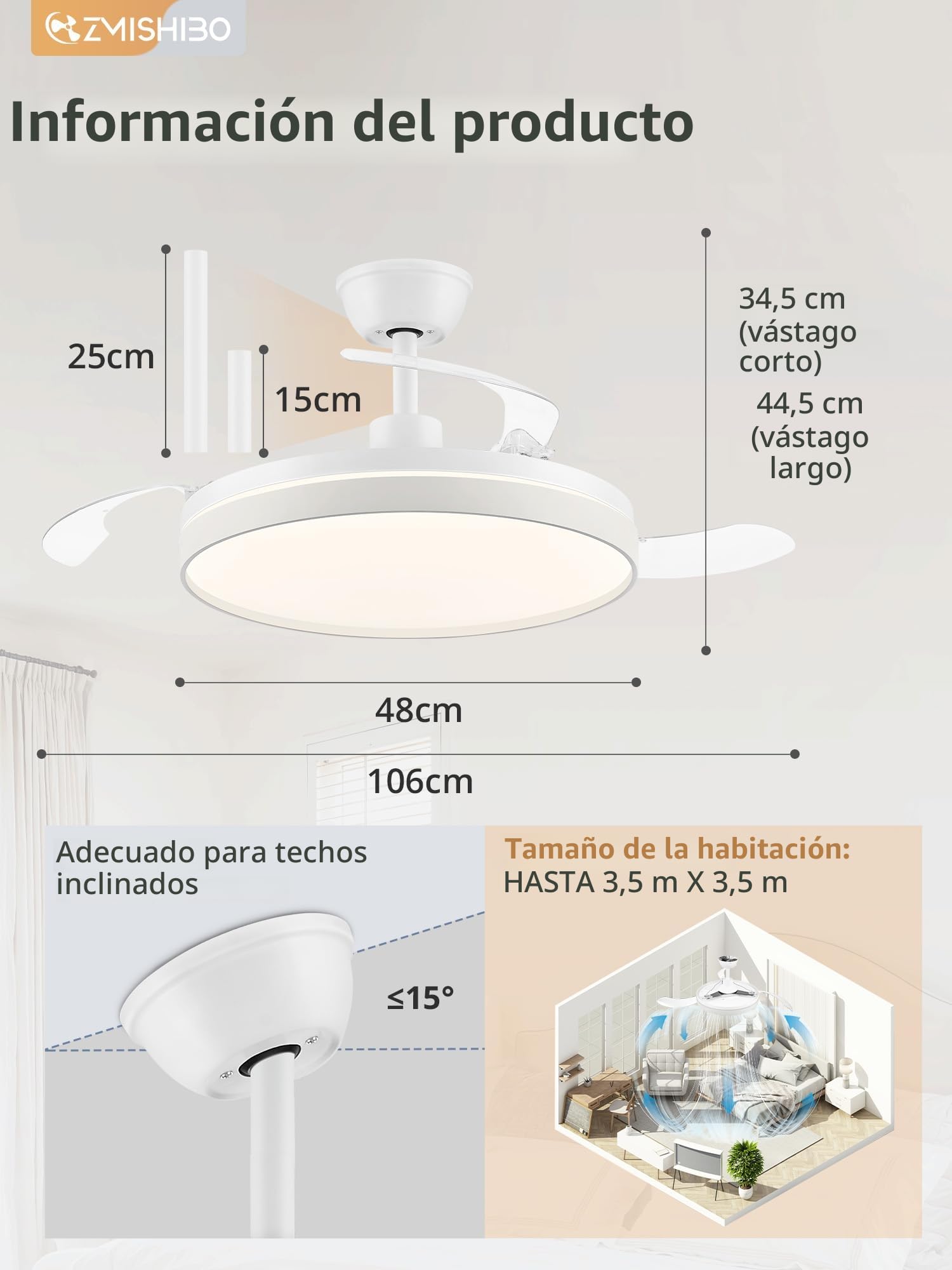 ZMISHIBO-Ventilador de Techo con Luz 106cm Ventilador sin Aspas CCT 3000K-65000K Función Verano-Invierno,Motor DC 30W+Luz LED 38W,6 Velocidades,Silencioso,Temporizador 2H/4H (Blanco)