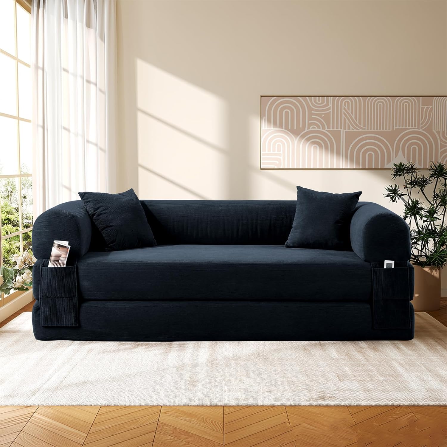 80 Inch Convertible Sofa Bed,Folding Pull Out Couch with Pillows & Storage Pocket,Corduroy Queen Sleeper Sofa in a Box,No Assembly Boneless Couch for Living Room,Deep Blue