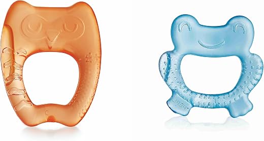 BeeBaby Teethers for 6 to 12 Months BPA Free. Cooling Water Filled Baby Teether, Soft Teething Toy for Babies with Carry Case, Soothes Gums and Easy to Grip. 100% BPA, PVC Free. (Frog & Owl – Blue_Orange, Pack of 2)