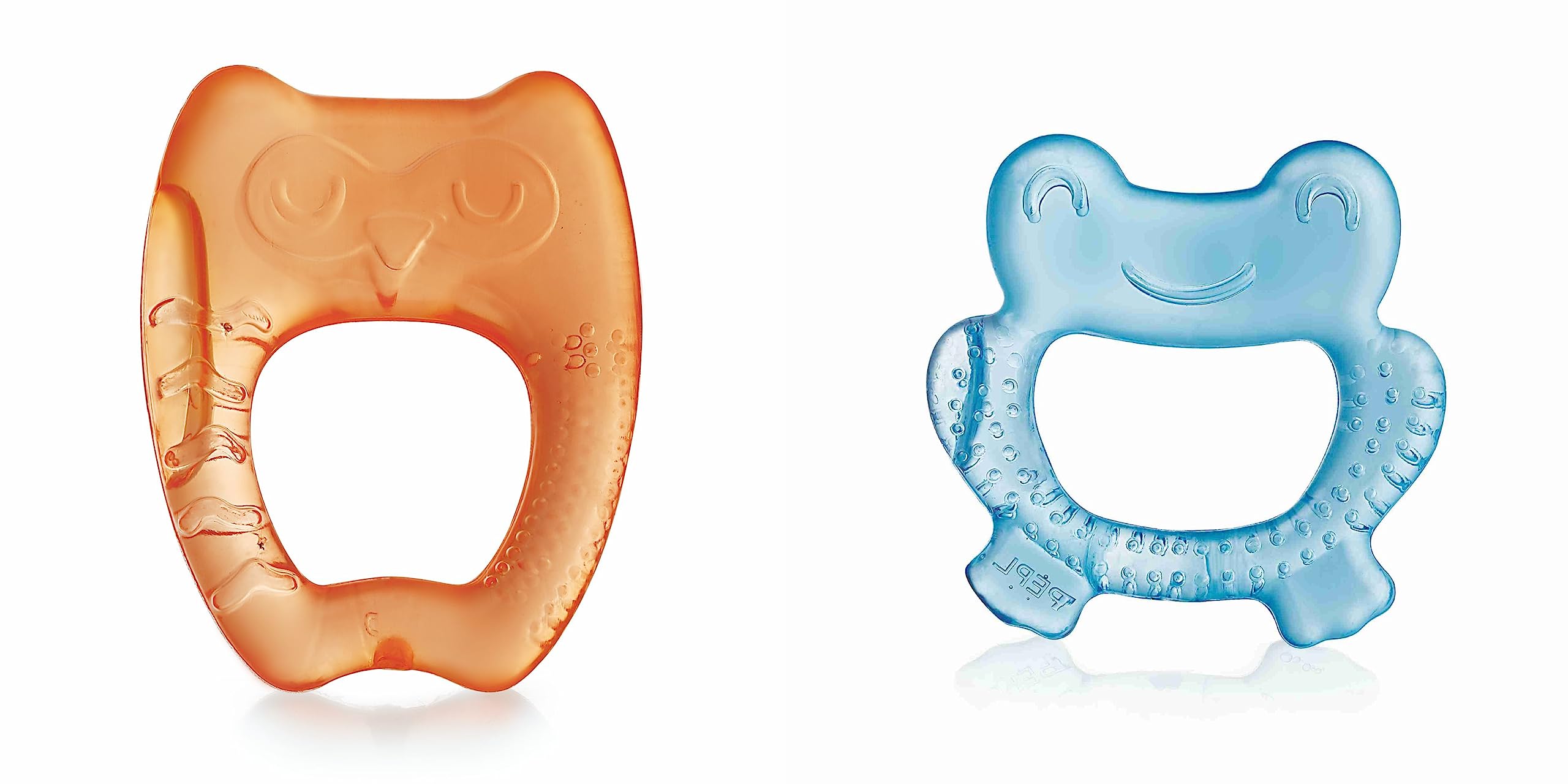 BeeBaby Teethers for 6 to 12 Months BPA Free. Cooling Water Filled Baby Teether, Soft Teething Toy for Babies with Carry Case, Soothes Gums and Easy to Grip. 100% BPA, PVC Free. (Frog & Owl - Blue_Orange, Pack of 2)