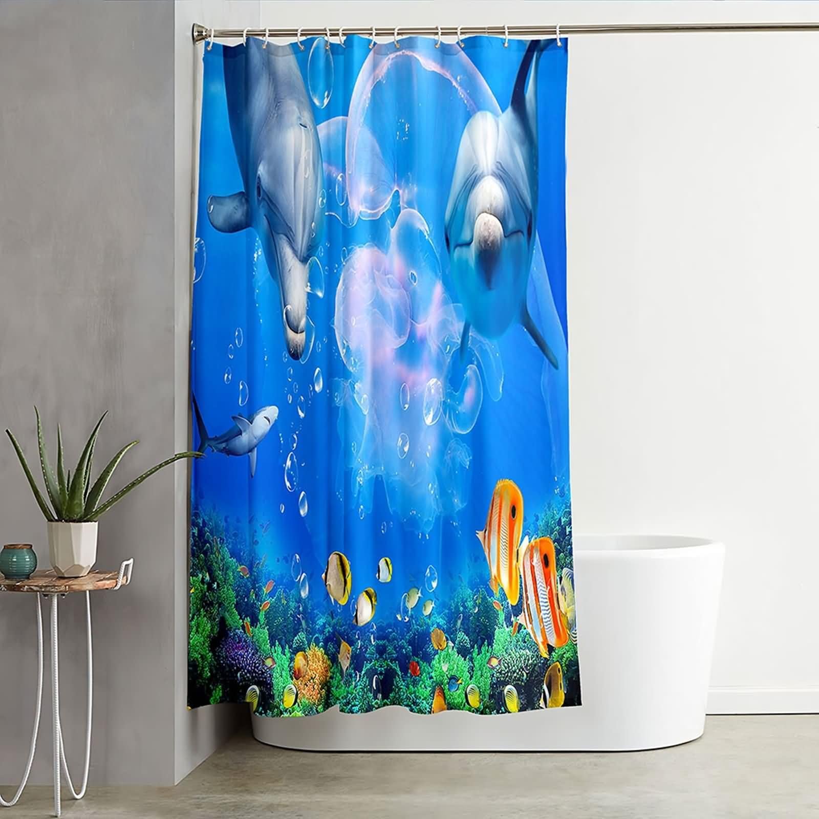 Cortina de ducha rústica, juegos de cortinas de ducha para baño, mundo subacuático, delfín, medusas, azul, verde, poliéster, 66 x 80 pulgadas