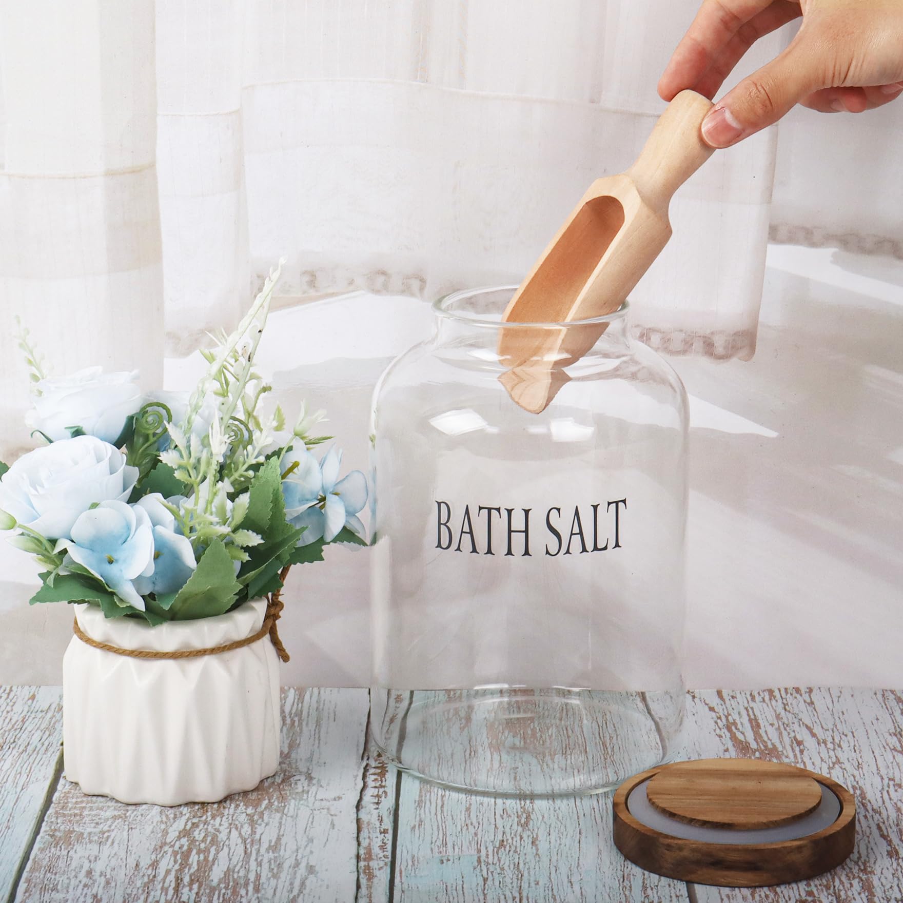 Klmnop Badesalzglas aus Glas mit Holzschaufel, Badesalzbehälter mit Deckel, Badezimmer-Organizer und Baddekoration (transparent)