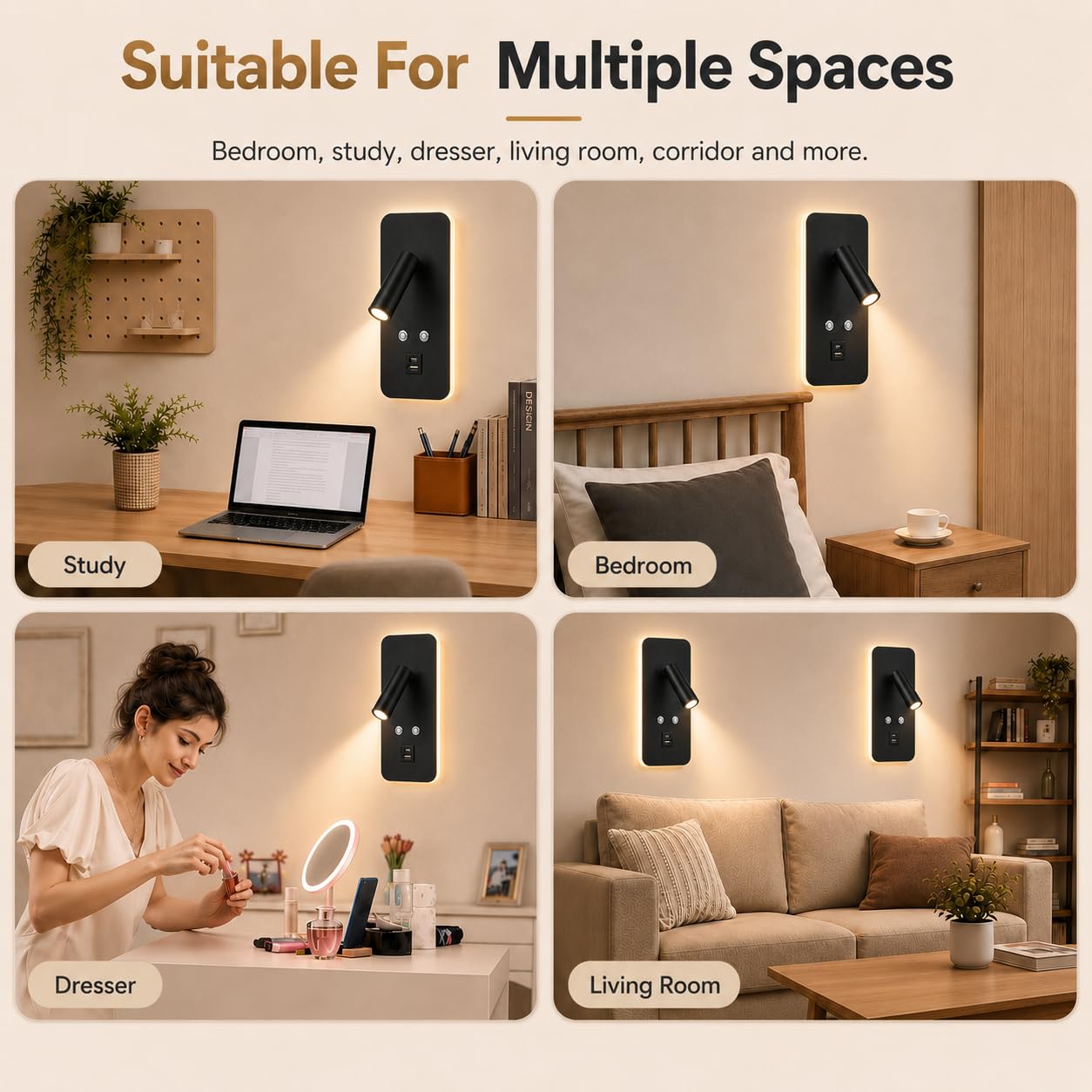 2Pcs Applique Murale Intérieure LED, Liseuse de chevet LED avec interrupteur, port de charge USB et Type C, Lampe Murale Tactile Dimmable, 3000K Liseuse Lampe de Lecture pour Chambres Salon Hôtel