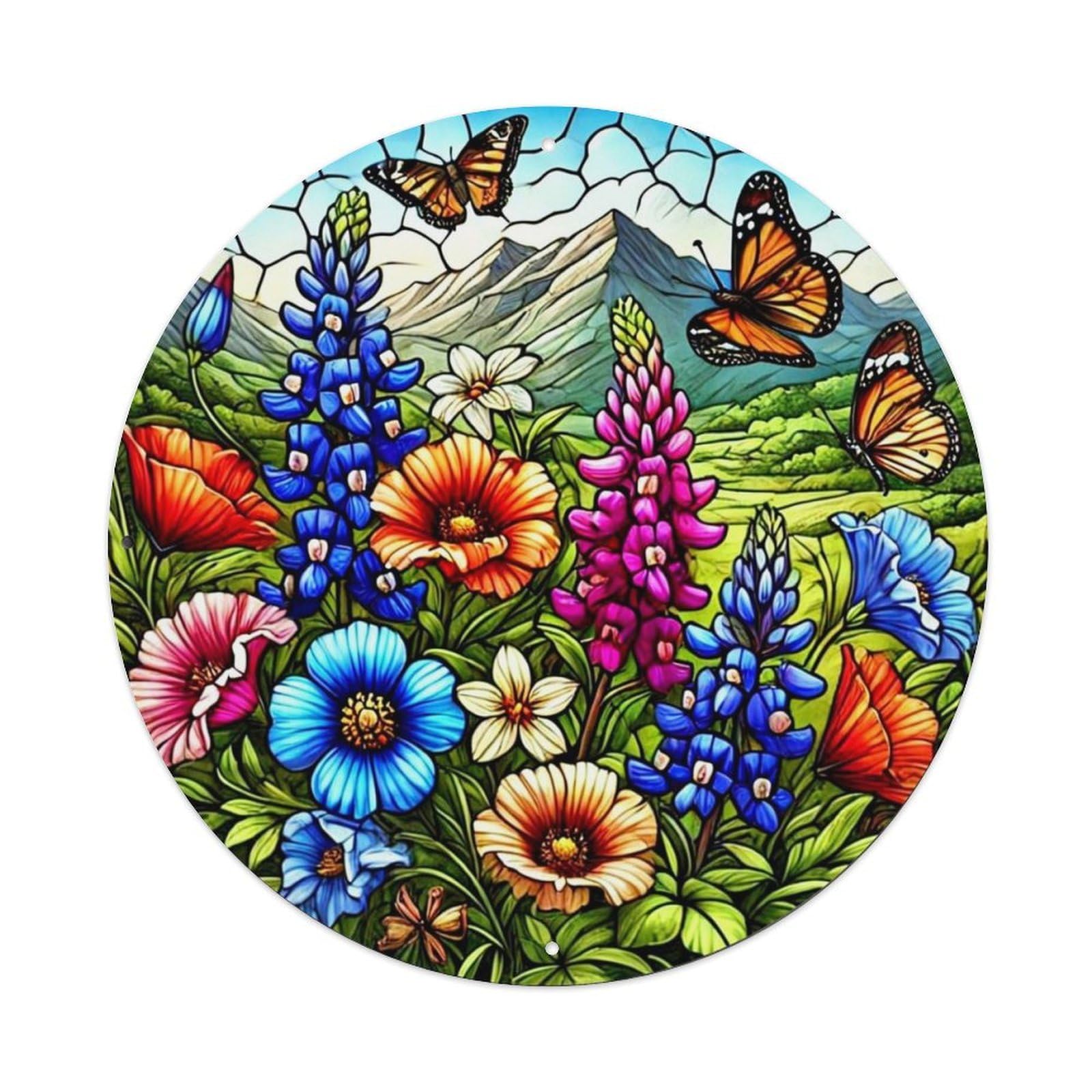 Jdyansheng Vintage Vibrant Floral Butterfly Mountain Scene Tin Sign Metal Poster Metal Signs For Home Man Cave Bar Cafe Kitchen Laundry Room Wall Decorations 8X8 Inches