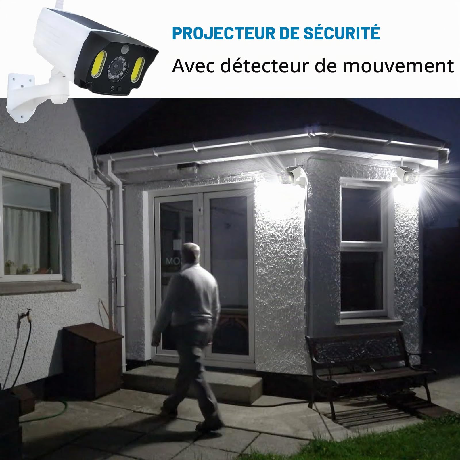 Justop - Caméra de vidéosurveillance factice, alimentée par panneau solaire, avec projecteurs de sécurité LED et détecteur de mouvement PIR, étanche pour usage extérieur - Blanc