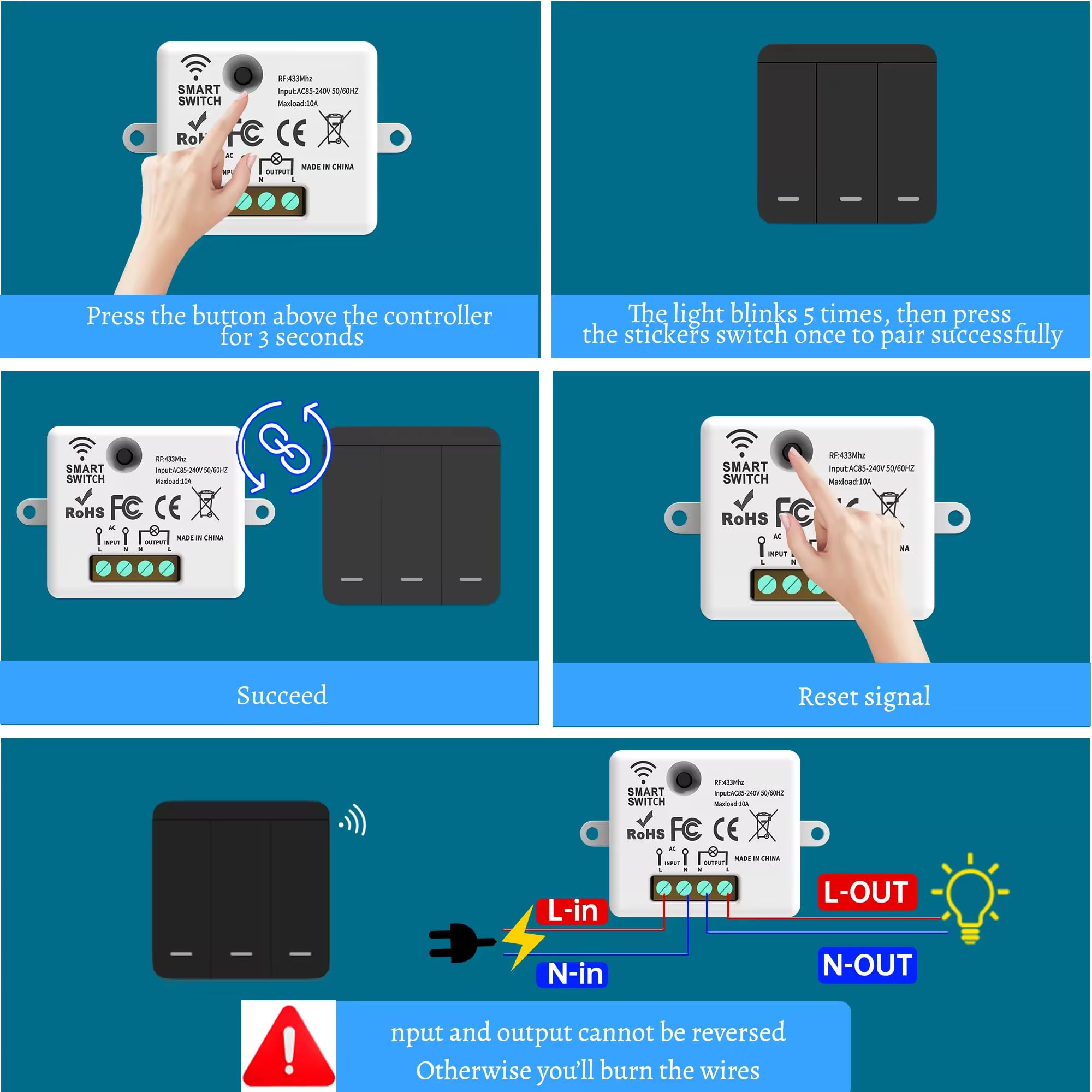 Funkschalter Set 230V, Kabelloser Funklichtschalter mit Empfänger, 433 MHz Reichweite bis 50m, Keine Verkabelung Erforderlich, Funktaster für Lampe (3 receivers and 1 switch)