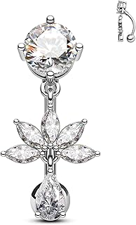 COCHARM Flower Dangle Belly Button Ring, 14G Gold Reverse Belly Button Piercing for Women, Surgical Steel Silver Navel Piercing Jewelry Hypoallergenic
