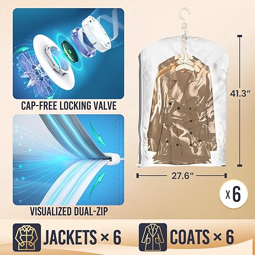 Miniatura 8 de TAILI Bolsas de almacenamiento al vacío colgantes con bomba de aire eléctrica, 4 bolsas selladoras al vacío para ropa, bolsas ahorradoras de espacio