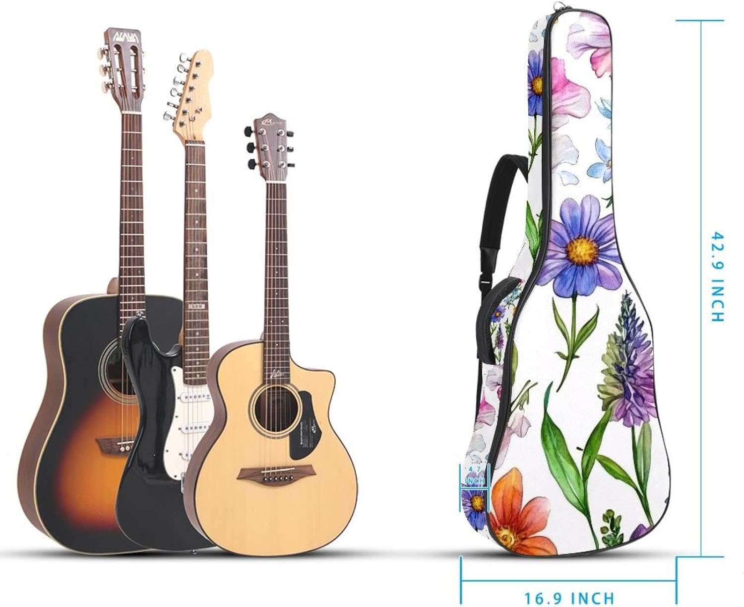 Acoustic Guitar Gig Bag 10mm Thick Padding, Soft Waterproof Guitar Case with Adjustable Backpack Straps for 40-42 Inch Guitar, Watercolor Drawings of Colorful Flowers Floral