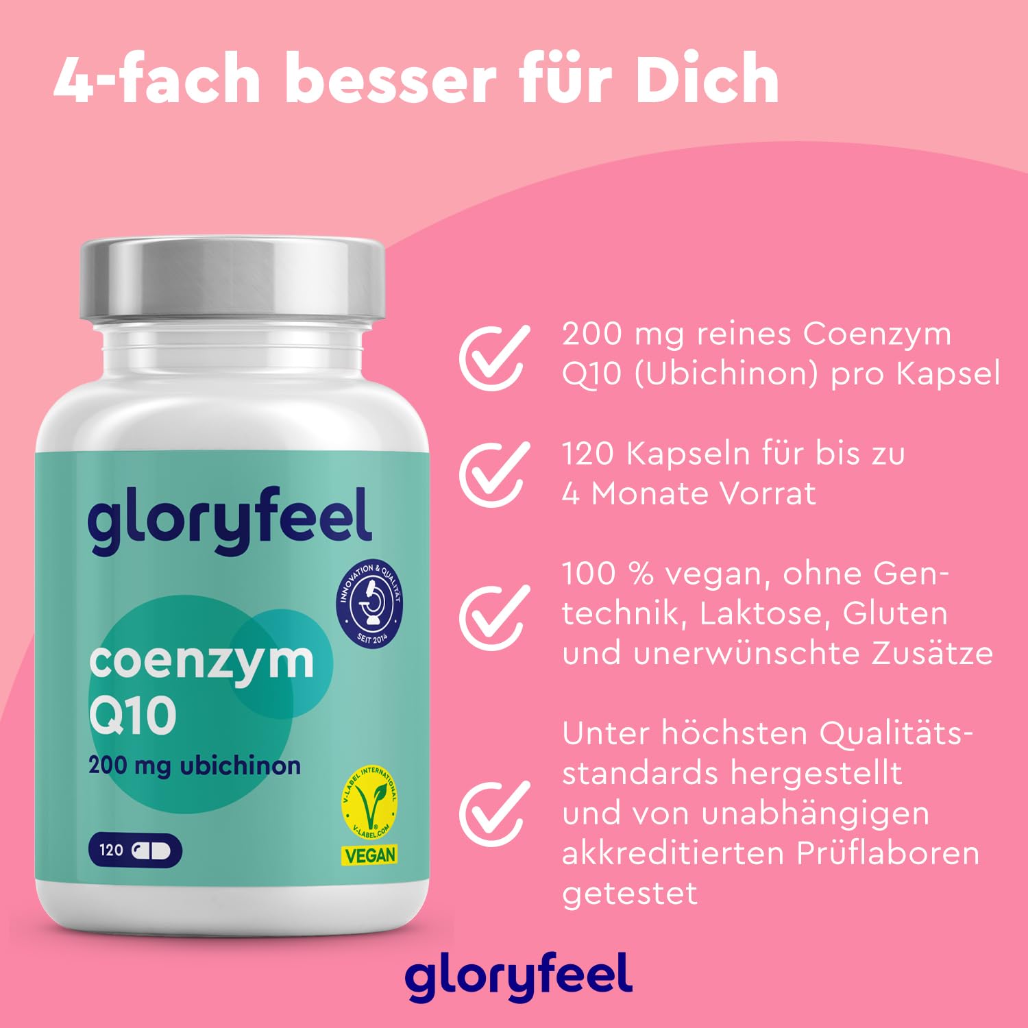 Coenzym Q10 Hochdosiert - 200mg pro Kapsel - 120 vegane Kapseln (4 Monate) - CoQ10 aus pflanzlicher Fermentation - Laborgeprüft, ohne Zusätze in Deutschland hergestellt