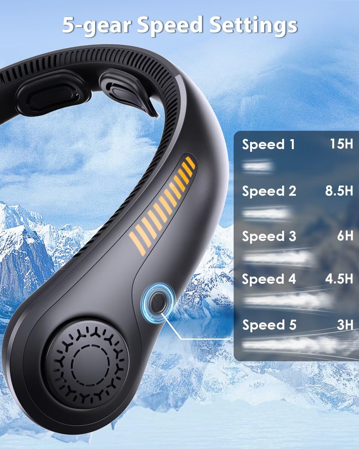 Ventilatore da collo portatile ricaricabile indossabile ventilatore personale soffiare aria fredda, 5 velocità, batteria USB, dispositivo di raffreddamento per il collo con fascia per il collo