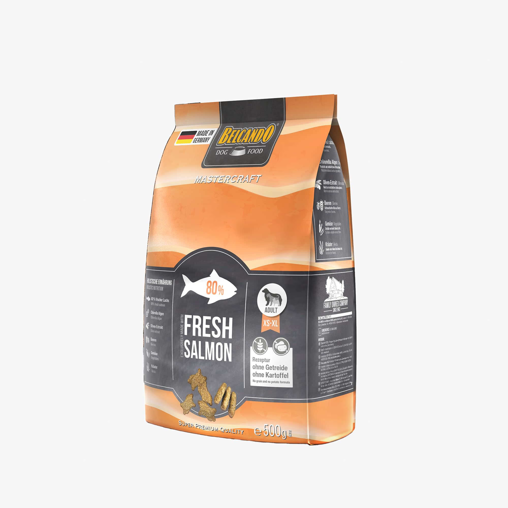BELCANDO MASTERCRAFT Hundefutter trocken Fresh Salmon, 500g, Trockenfutter für Hunde mit Lachs, 80% Frischfleisch, getreidefrei, für alle Rassen, Made in Germany
