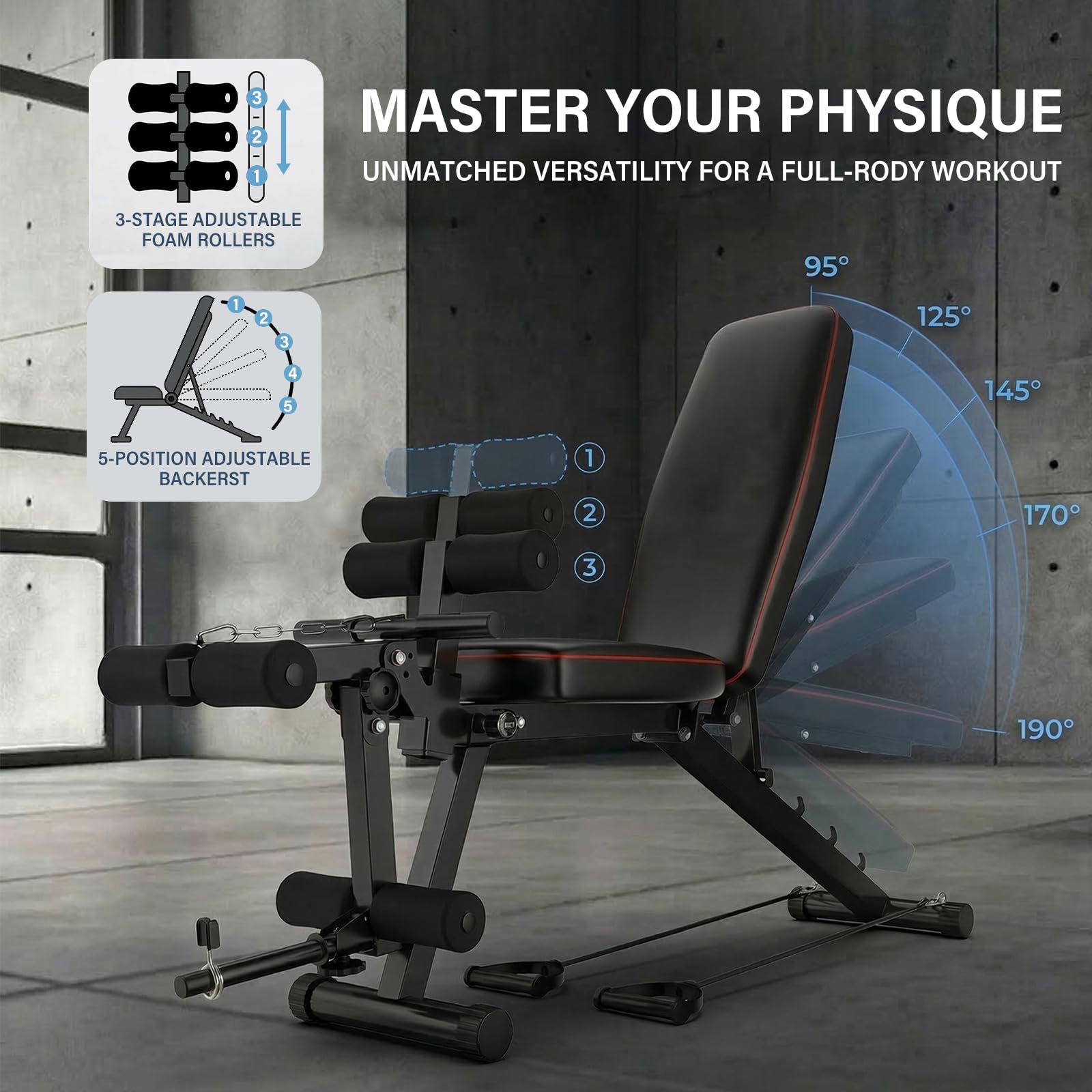 Banco Musculación Plegable para Casa, 200KG Banco de Pesas Ajustable con Extensión de Piernas, Máquina Multifunción Musculación para Gimnasio en Casa