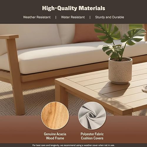 Miniatura 3 de Juego de sofá modular de madera de acacia de 4 piezas para exteriores con sofá biplaza, sillones, mesa auxiliar, juego de chat de 4 plazas, juegos