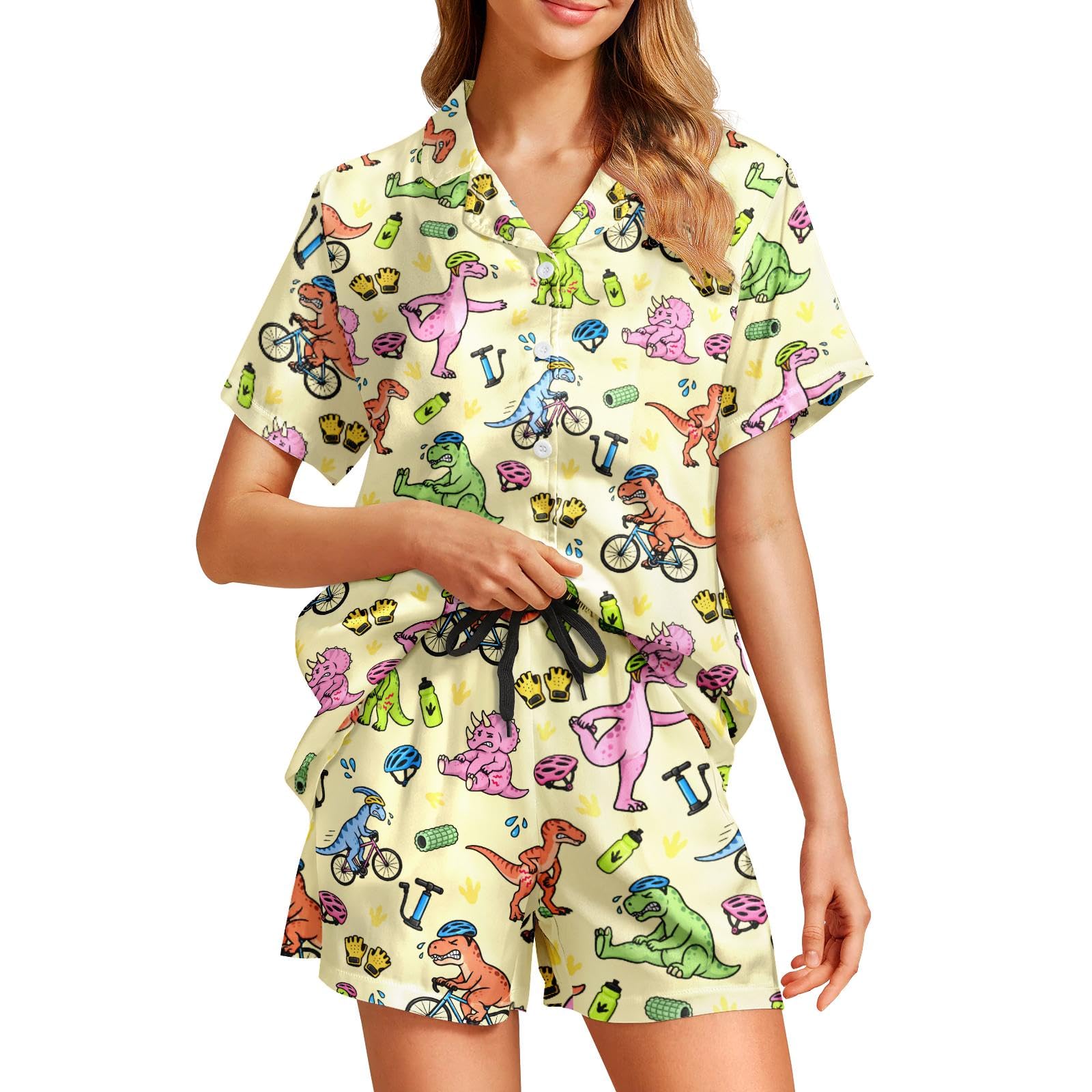 Funny Pajamas for Women Set Print Satin Loungewear Pjs Short Sleeve Button Down Top and Shorts Sets Sleepwear XS-3XL