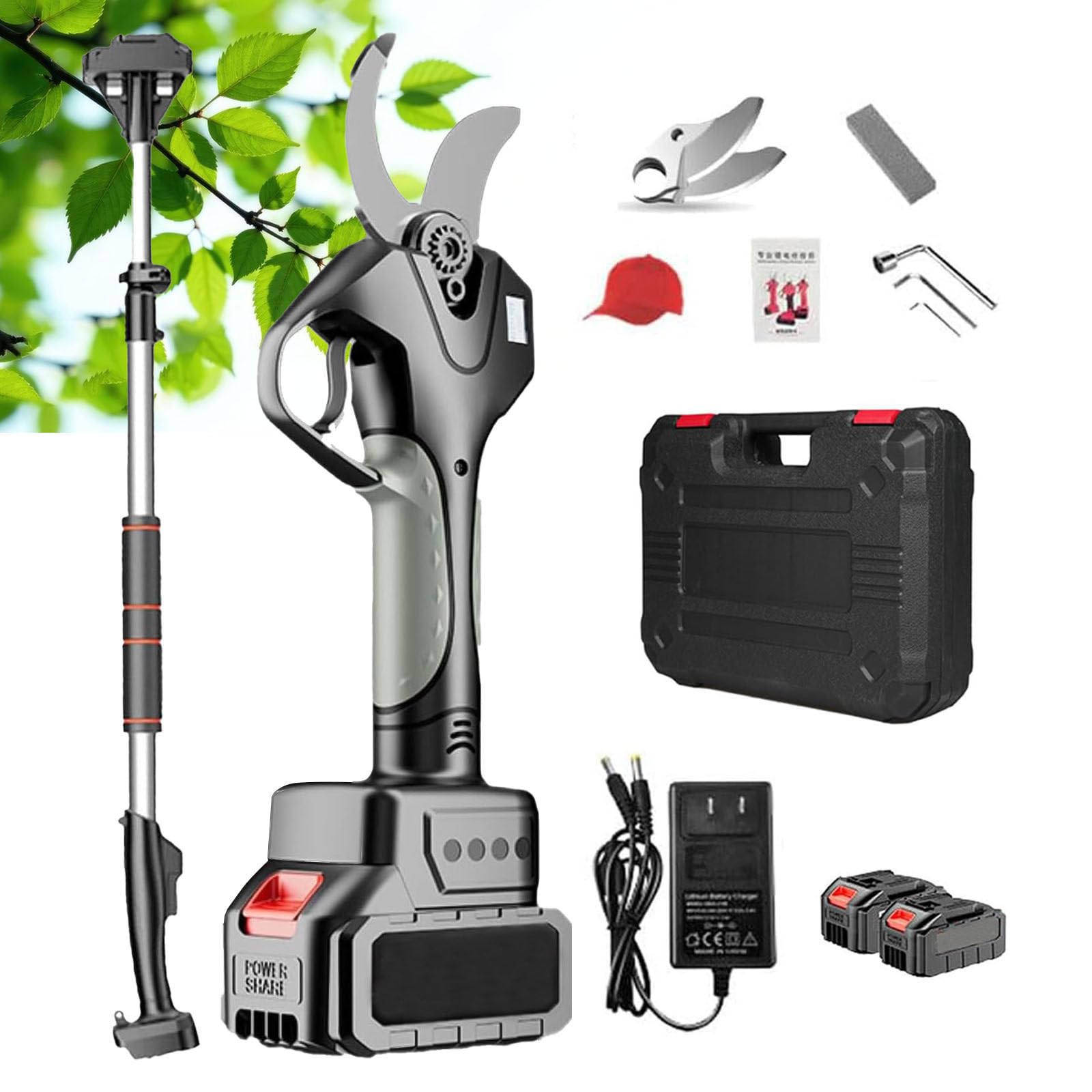 Tijeras de Podar Eléctricas a Batería,Tijera podar inalámbricas portátiles Podadora Eléctrico de Ramas con Pértiga de extensión de Altura,Pantalla LCD,para Árboles Frutales,Viñas