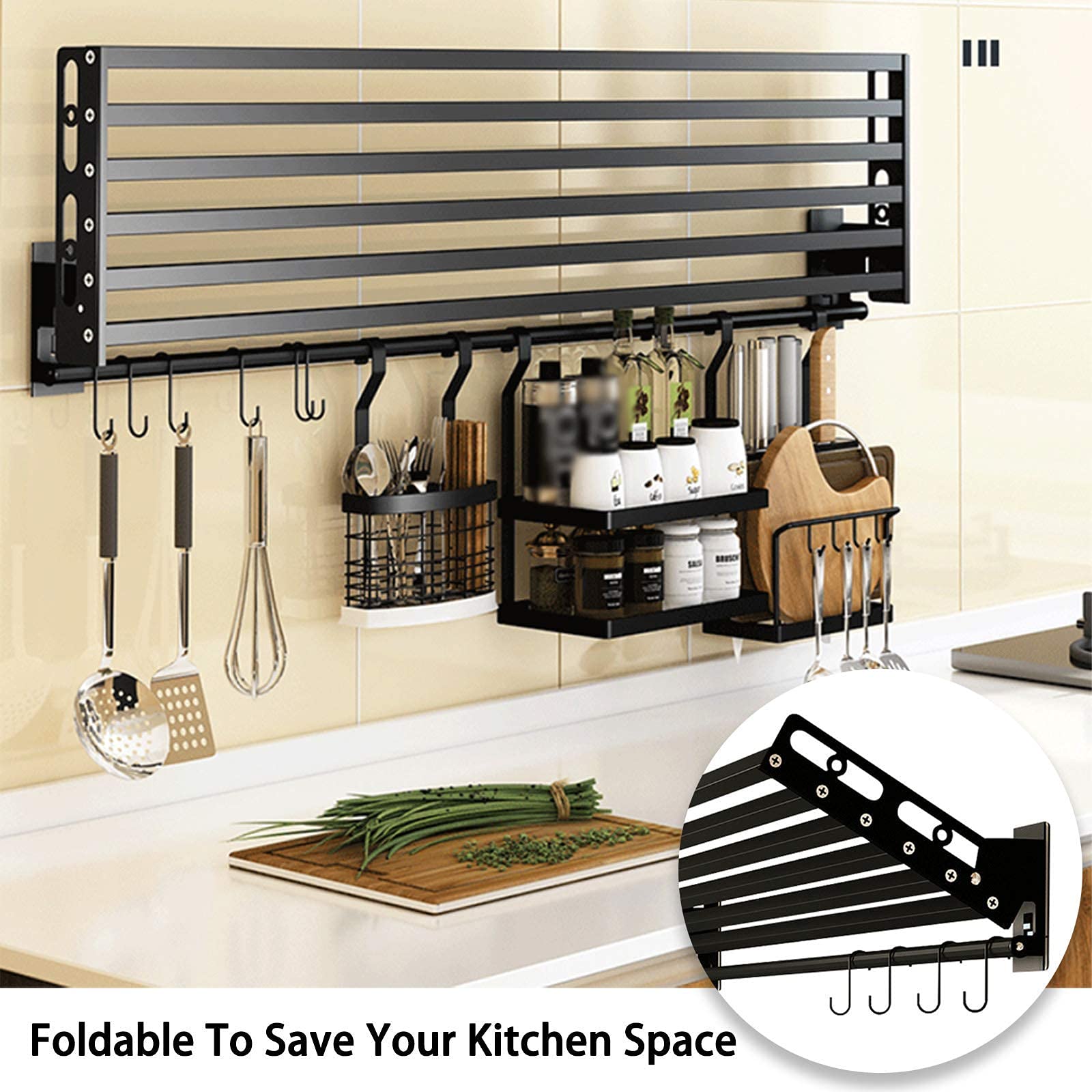 Magnetron Plank Wandmontage, Roestvrij Staal Keuken Opslag Organizer, Magnetron Wandplank Keukengerei Rack, Magnetron Kruidenpot Rack, met 6 Haken Voor Keuken Desktop Opslag Bespaar Ruimte Magnetron