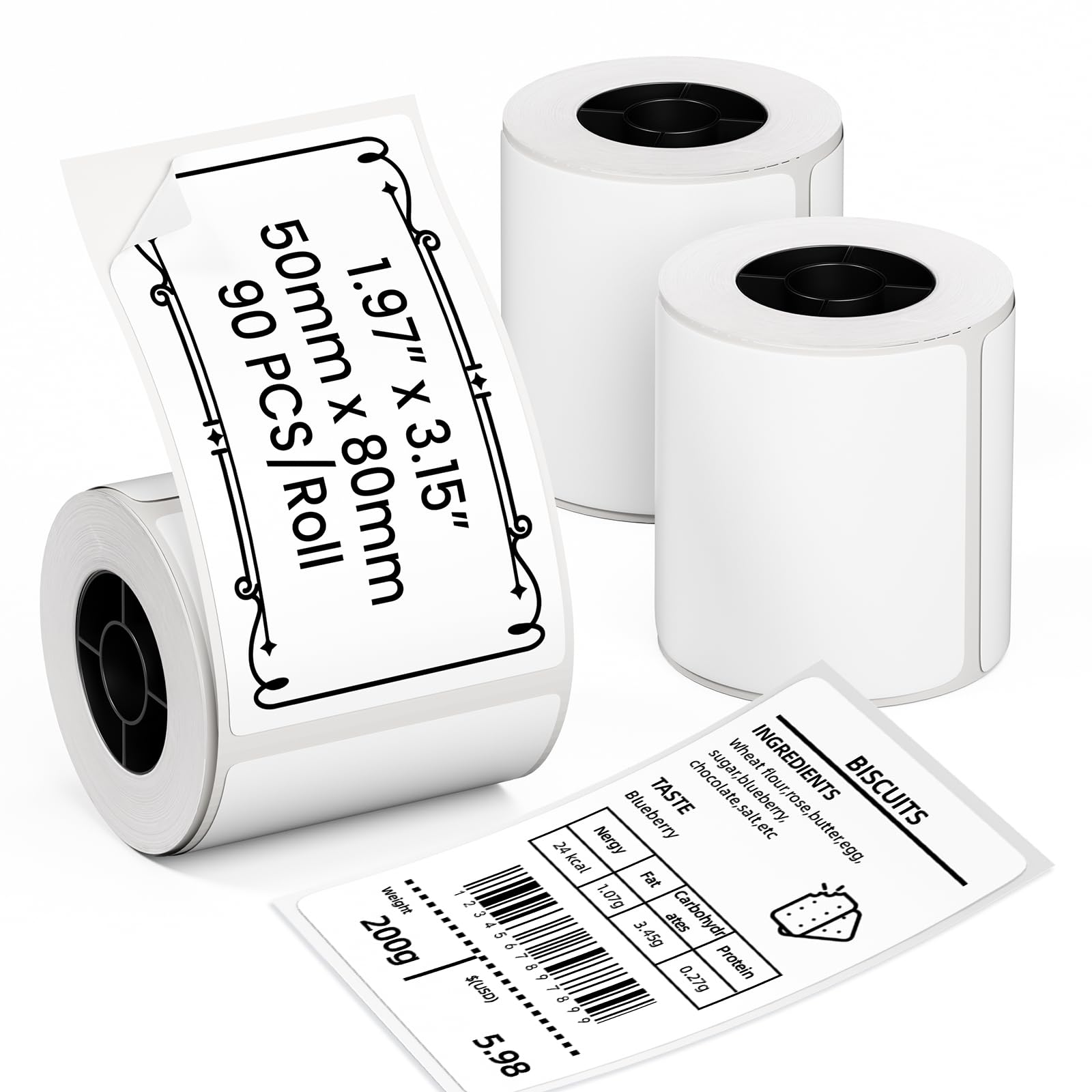 Thermal Label Paper 3 Rolls 1.97"x3.15"(50x80mm) 90 Labels/Roll