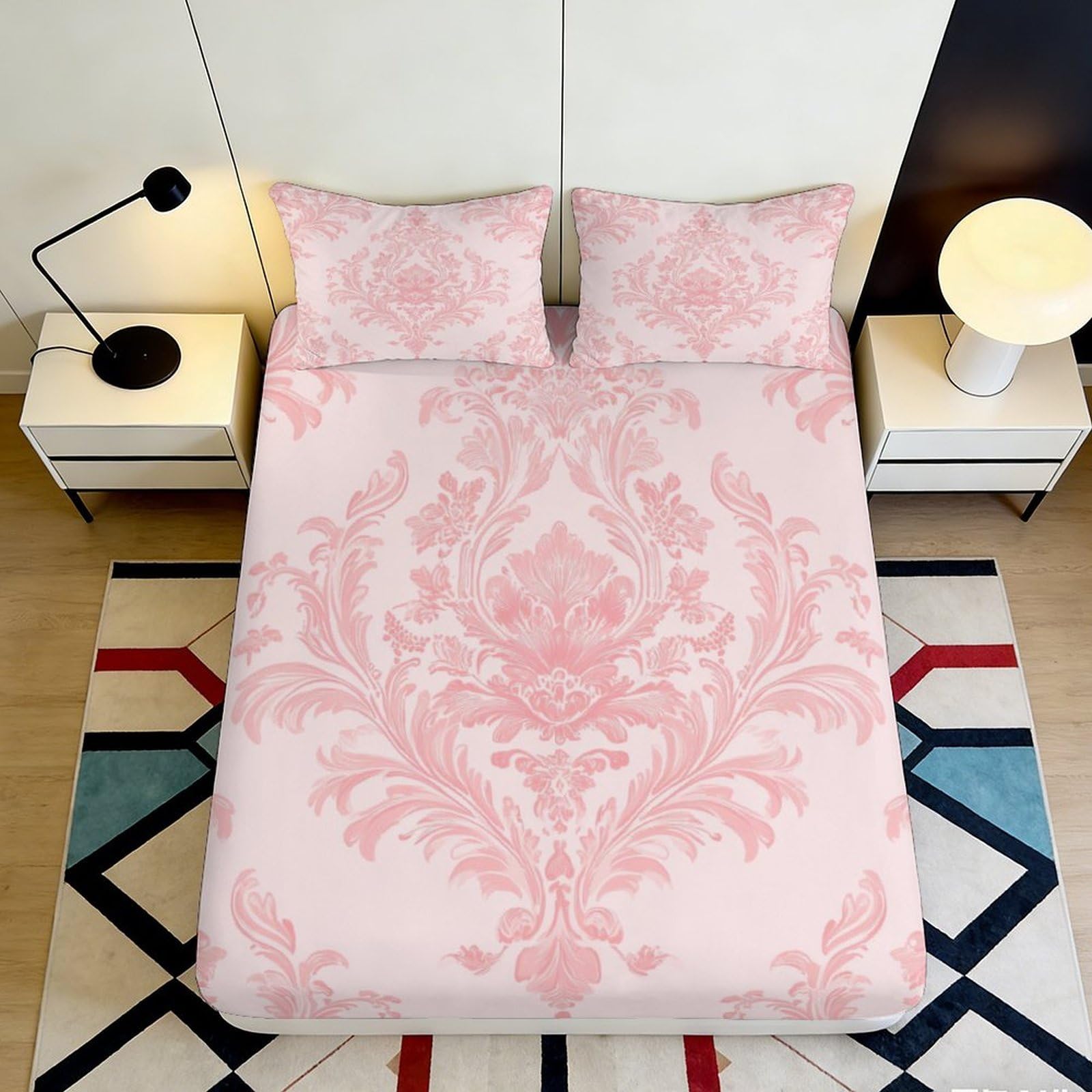 Elegant decorative pink damask fitted sheet 3D Printed, soft touch microfiber, wrinkle resistant, for bedroom or guest room bedding 90x200x25cm