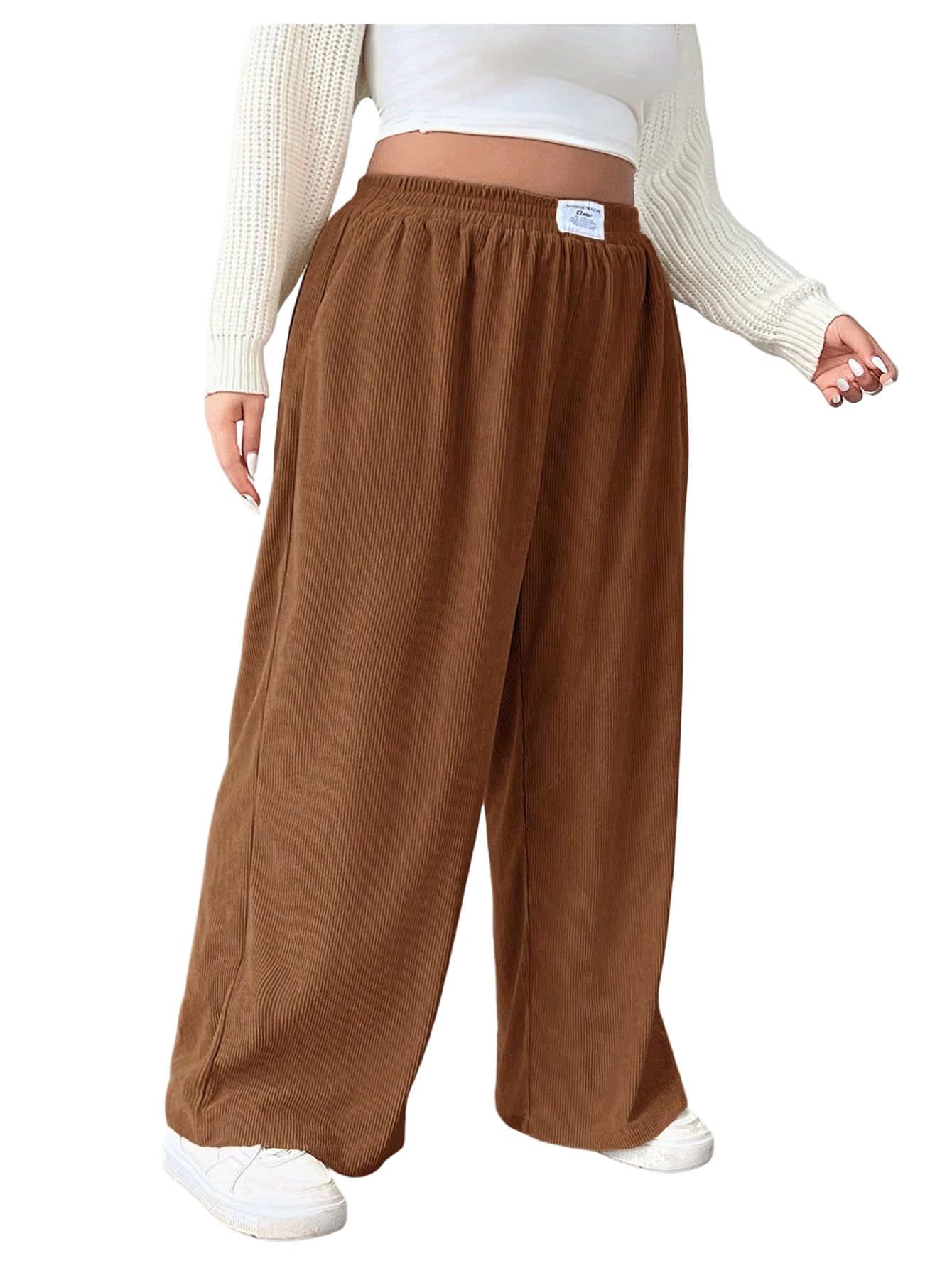 SOLY HUX Womens Plus Size Corduroy Pants Elastic High Waisted Baggy Wide Leg Long Pants Trousers with Pockets