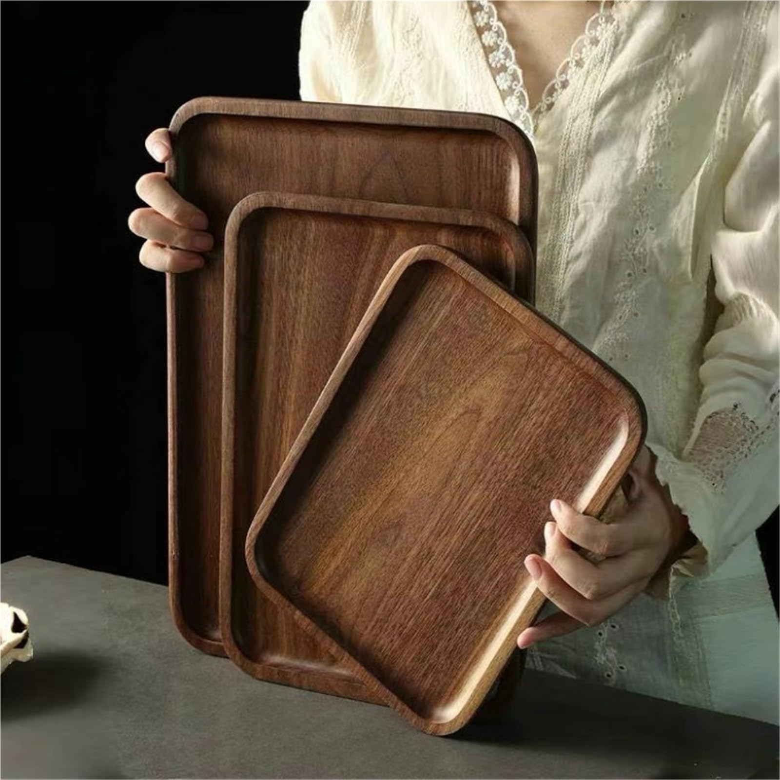 Bandeja para Mesa De Centro Bandeja de Madera Nogal Negro for el hogar, for té, Tazas, Plato café, postres, Cena(25 * 18 * 2cm)