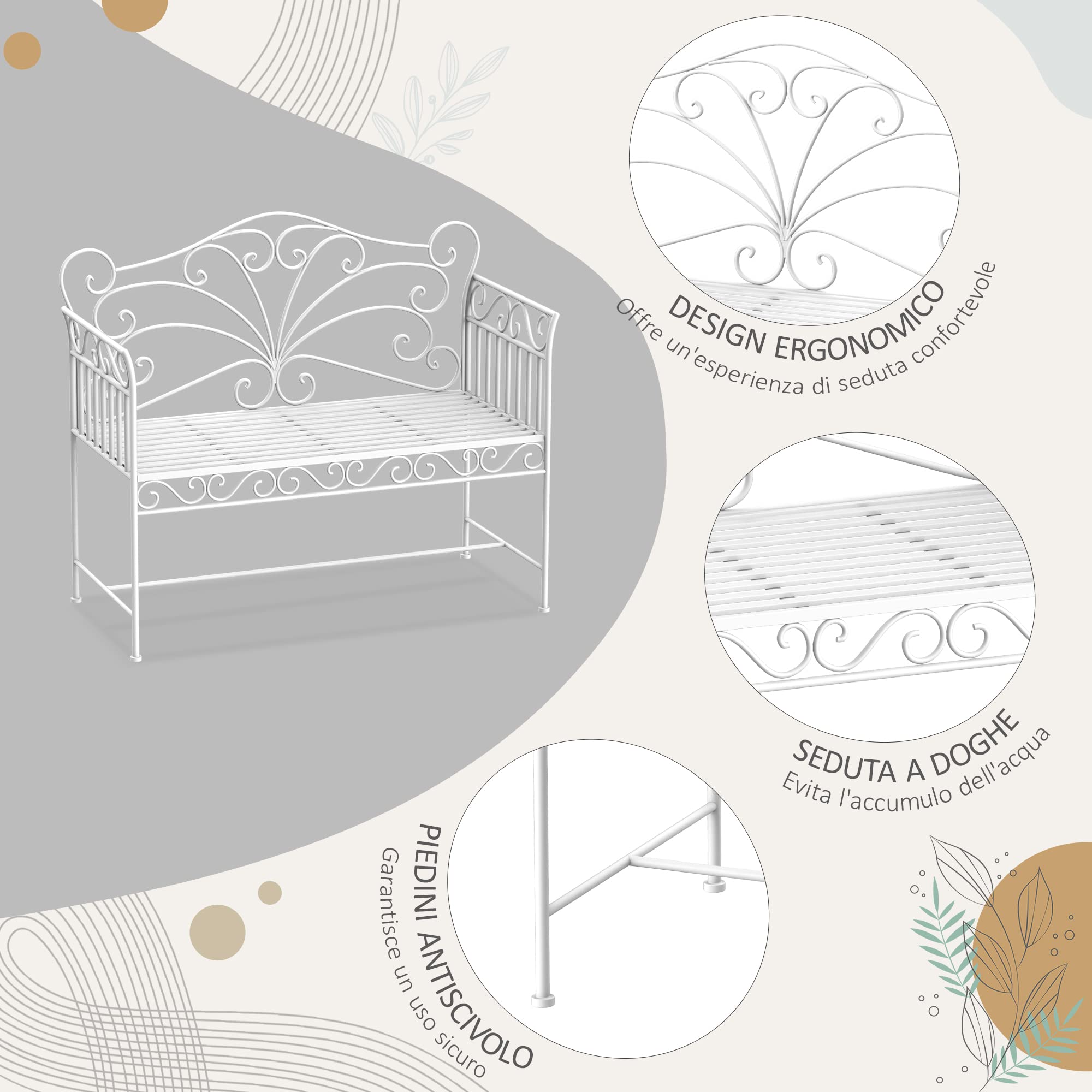 Outsunny Panchina da Esterno a 2 Posti, Panchina Biposto da Giardino Stile Romantico Ferro 111 x 50 x 98cm Bianco