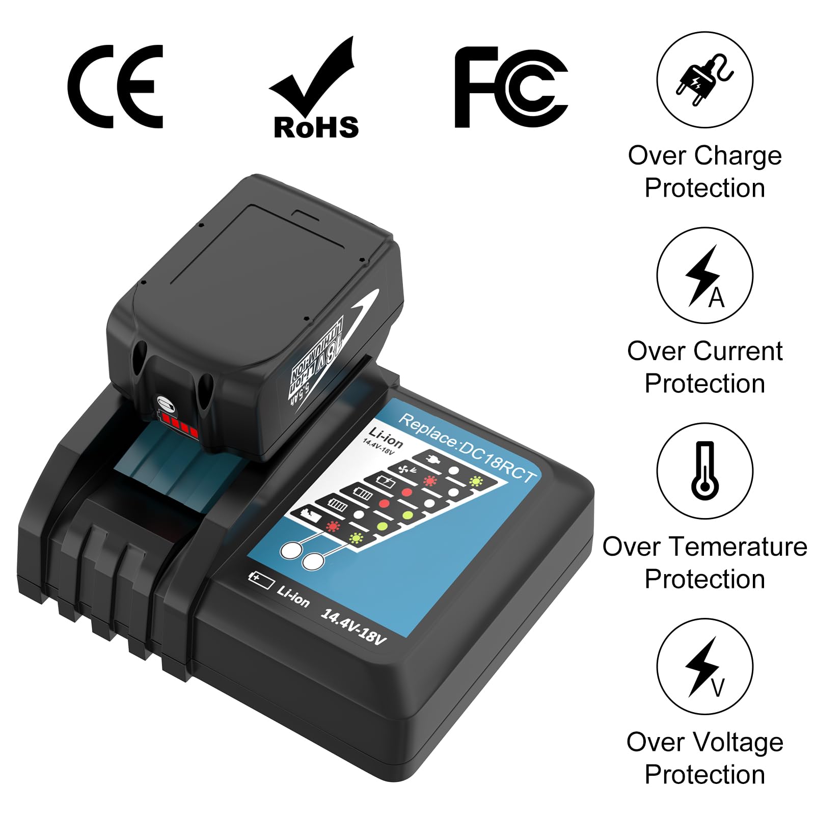 Cargador rápido 7A Recambio para Cargador Makita 18V DC18RC