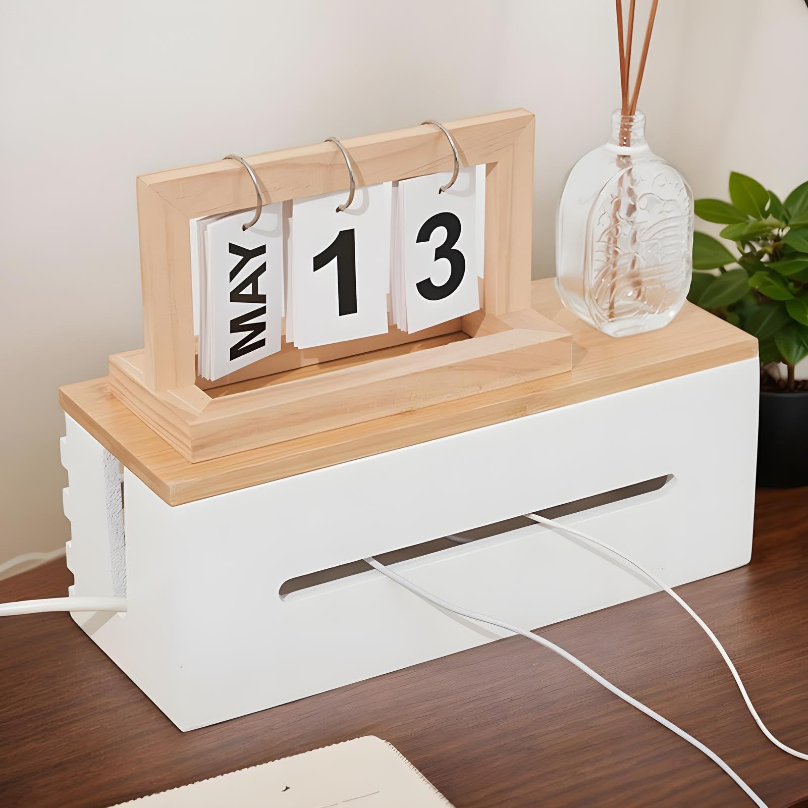 Kabel-Organizer-Box aus Holz mit Deckel, Schreibtischkabel-Aufbewahrungsablage zum Verstecken von Steckdosenleisten und Ladegeräten, Drahtmanagement-Lösung für Küchentheke, Büro, Wohnzimmer oder