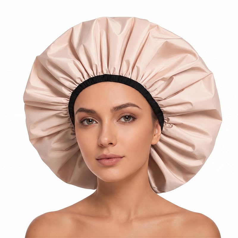 Touca de banho reutilizável Edoneery extra grande com forro de cetim, modelo YM006-Big Beige