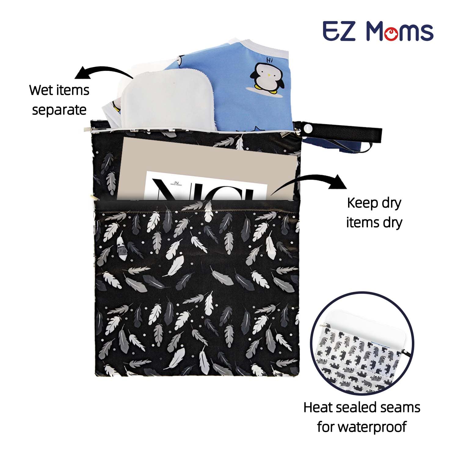 EZ Moms 3 Pcs Waterproof Wet Bag with Two Pockets Reusable Wet Dry Bag Baby for Cloth Diapers, Travel Dirty Clothes, Breast Pump Parts, Swimsuit, Beach, Pool Wetbag Zipper Pouches for Organization