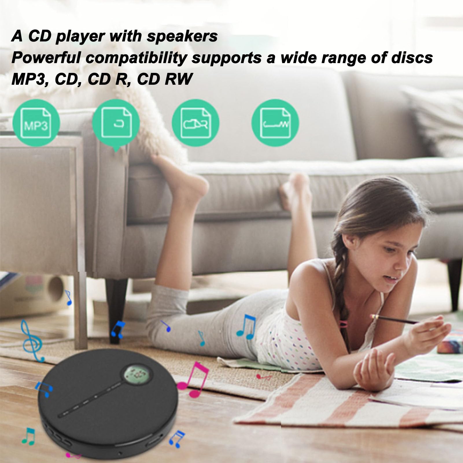 Lettore CD, Lettore Musicale CD Portatile Bluetooth 5.0 con Batteria Ricaricabile da 2000 MAh, Altoparlante Esterno per Casa Auto