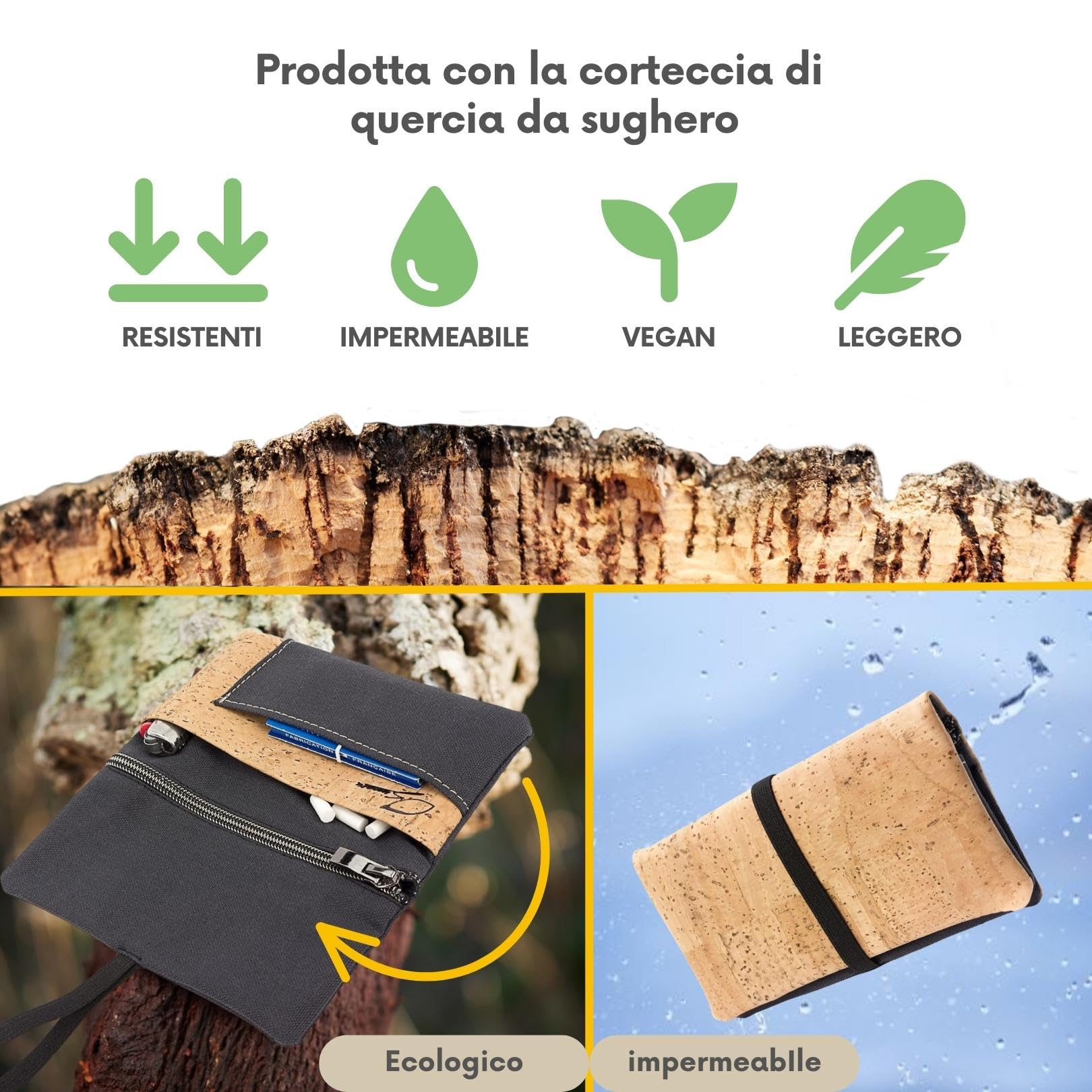 SIMARU Portatabacco Borsello in robusto sughero/cuoio di sughero e tessuto di cotone organico, disegnato in modo geniale e innovativo con vano per accendino, filtri e cartine (Antracite & Raizes)