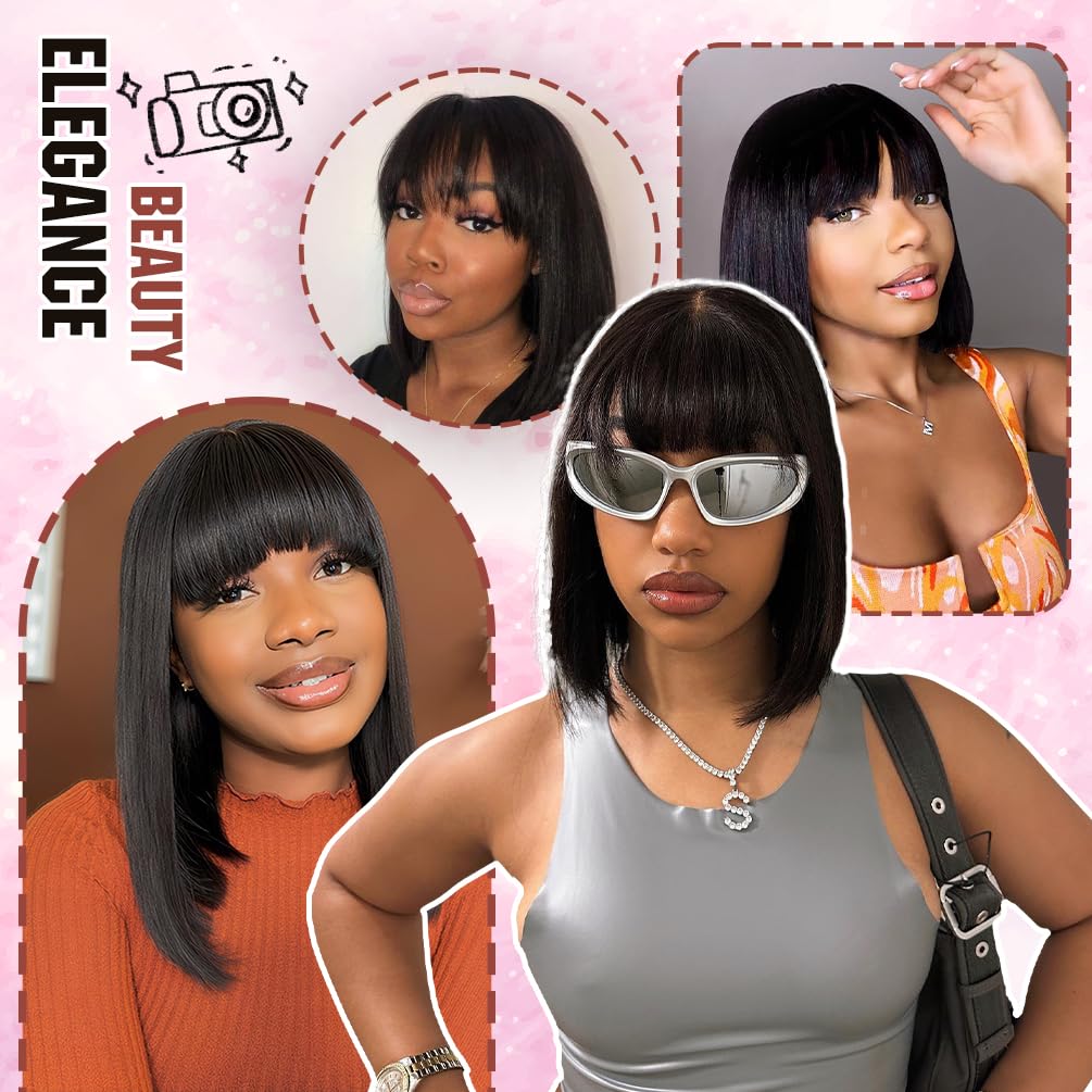 Bob Wig with Bangs Human Hair 210 Density Short Glueless Wigs Ready to Go Straight Bob Bangs Wig for Women Natural Black 12 Inches - Image 6