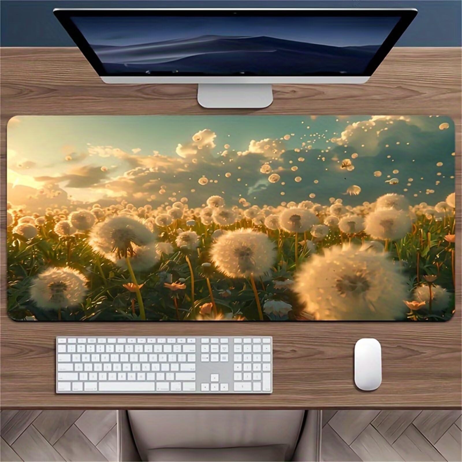 Tappetino per Mouse da Gioco XXL 1200x600x3 mm, Desk Pad Grande con Bordi Cuciti, Base in Gomma Antiscivolo, Accessorio per Ufficio e PC (Denti Leone Tramonto)