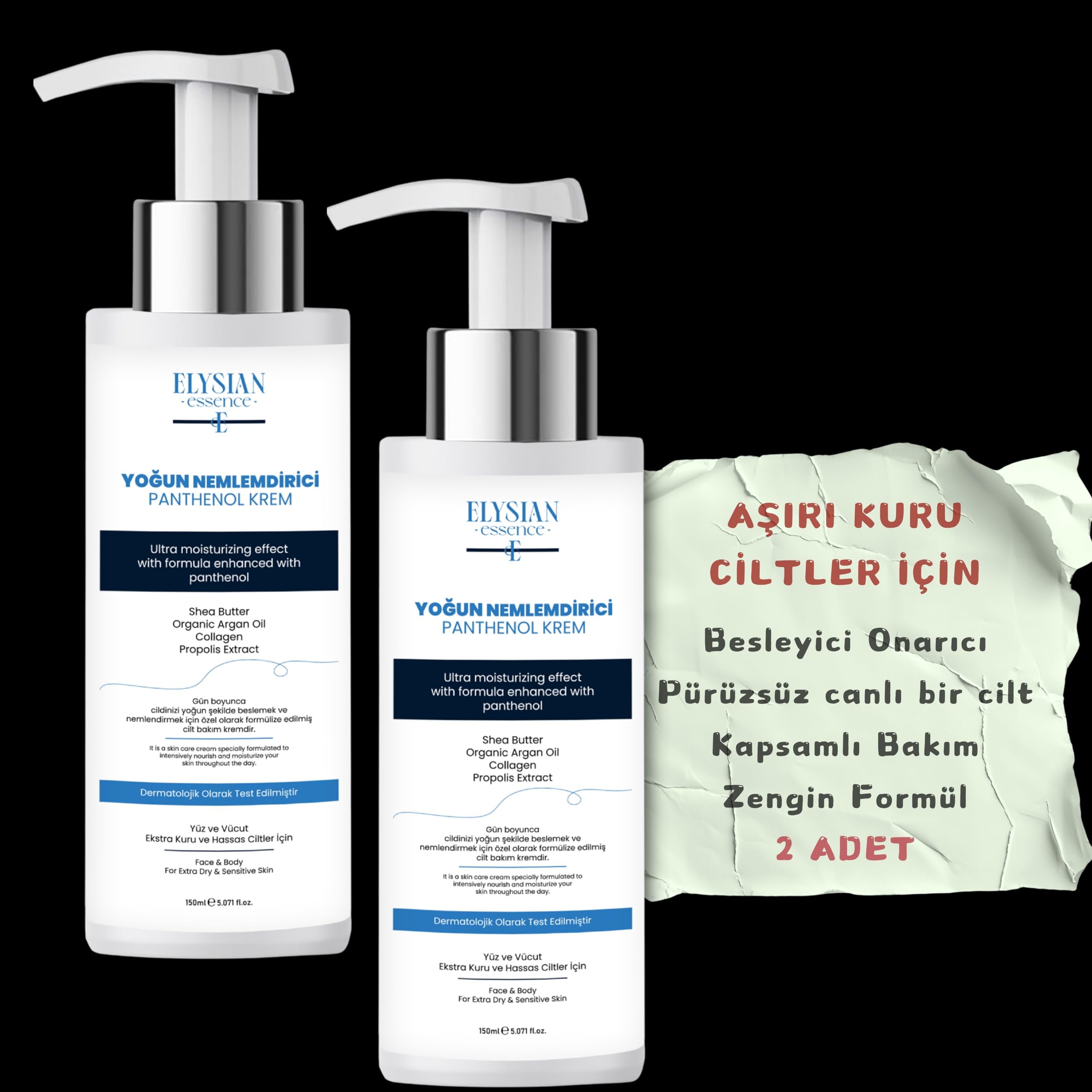 Elysian Essence Yoğun Nemlendirici Panthenol Yüz ve Vücut Kremi 2'li Set | Kuru ve Hassas Ciltlere 24 Saat Bakım - Organik Argan Yağı, Shea Butter Yağı, Propolis ve Collagen İçerikli