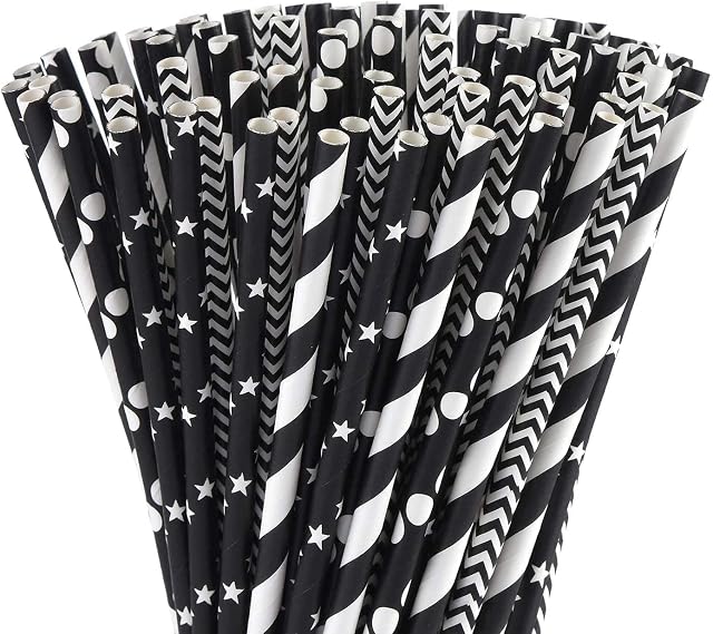 ALINK 100-Pack Biodegradable Black Paper Straws, Stars/Dots/Stripes/Waves Drinking Straws for Juice, Cocktail, Smoothies, Birthday, Wedding, Bridal/Baby Shower and Halloween/Christmas Celebration